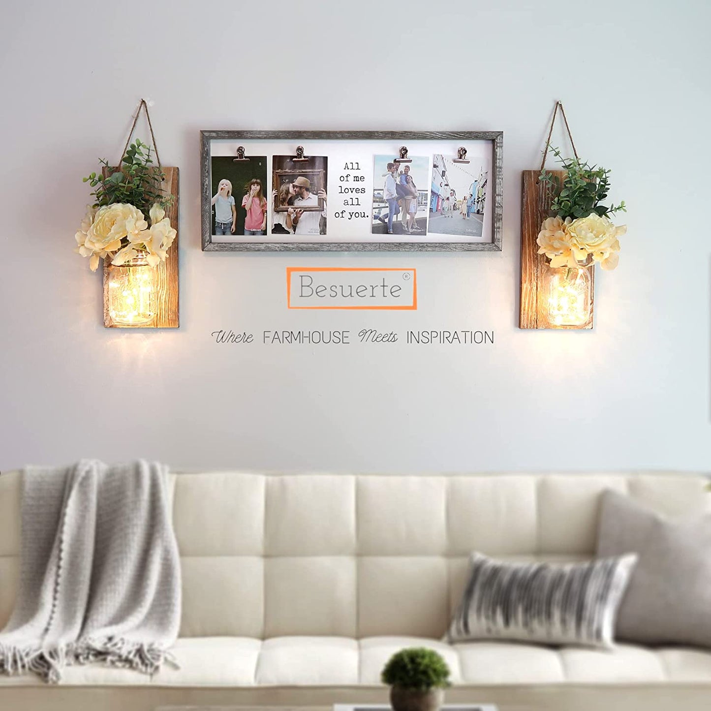 Wall Sconces Set of 2 with Remote Farmhouse Wood Wall Art Decor for Home Living Room Bedroom Decorations with Rose Bouquet Flowers and LED Fairy Lights (Large Brown)