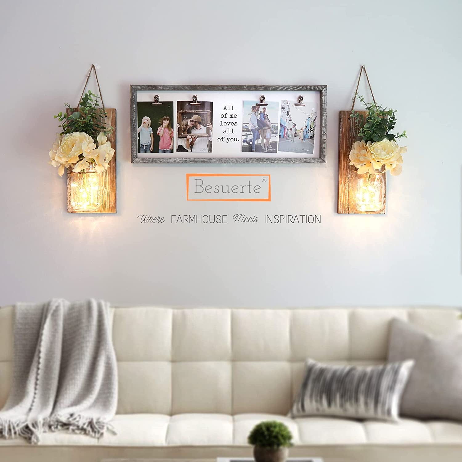Wall Sconces Set of 2 with Remote Farmhouse Wood Wall Art Decor for Home Living Room Bedroom Decorations with Rose Bouquet Flowers and LED Fairy Lights (Large Brown)