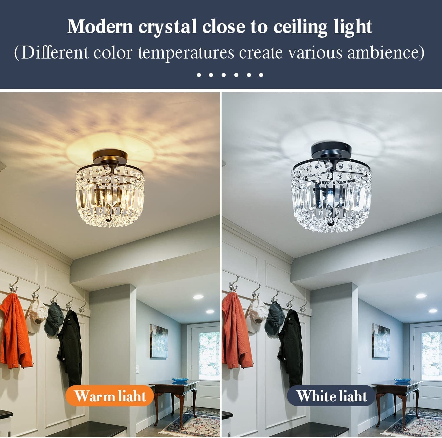 Small Crystal Chandelier 2- Lights ，Modern Semi Flush Mount Ceiling Light Fixture for Hallway Kitchen Foyer （Black）