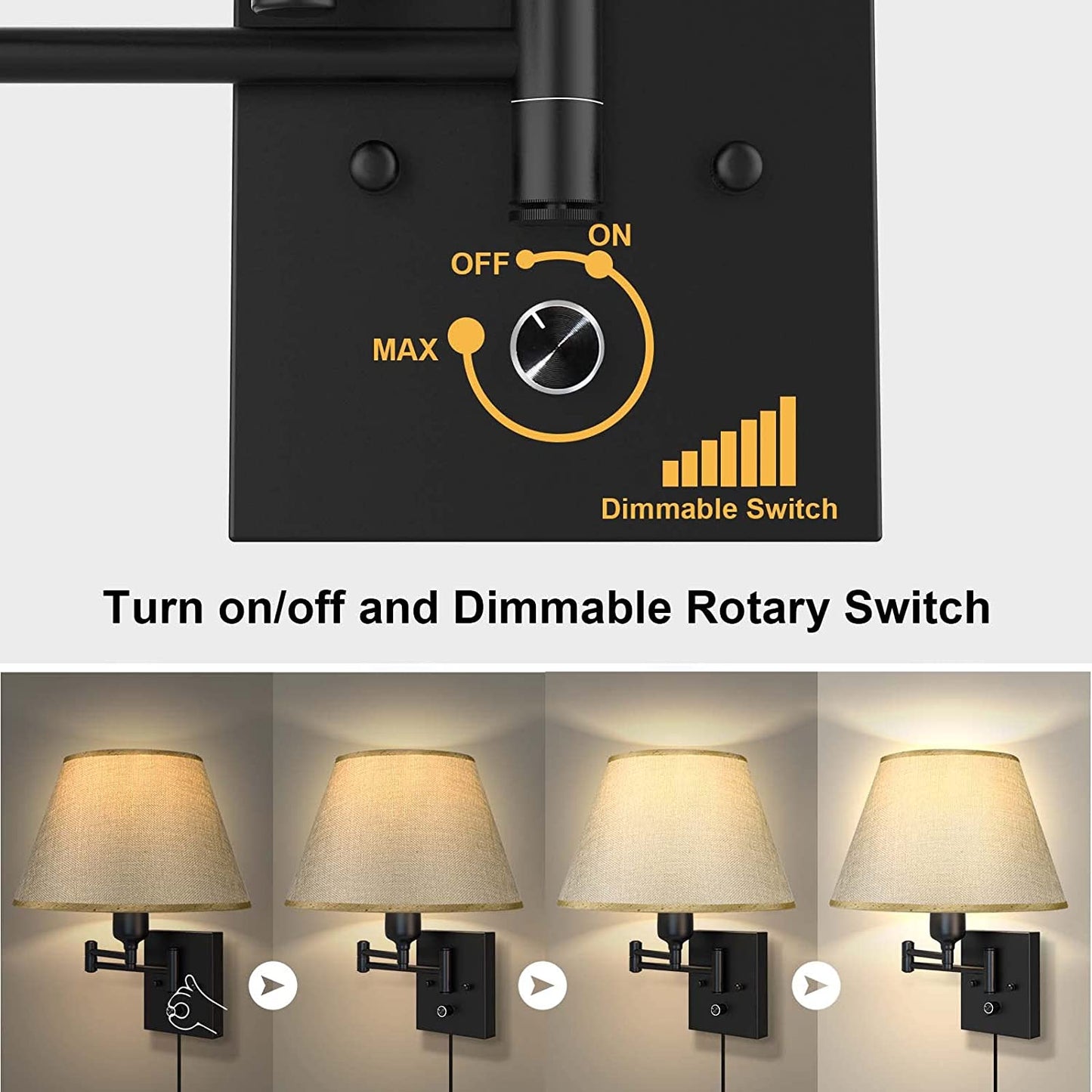 Plug in Wall Sconces Set of 2, Dimmable Swing Arm Wall Lamp with Fabric Shade Wall Light Fixtures Wall Mounted Lighting Reading Light Fixture for Bedside Bedroom Indoor Doorway