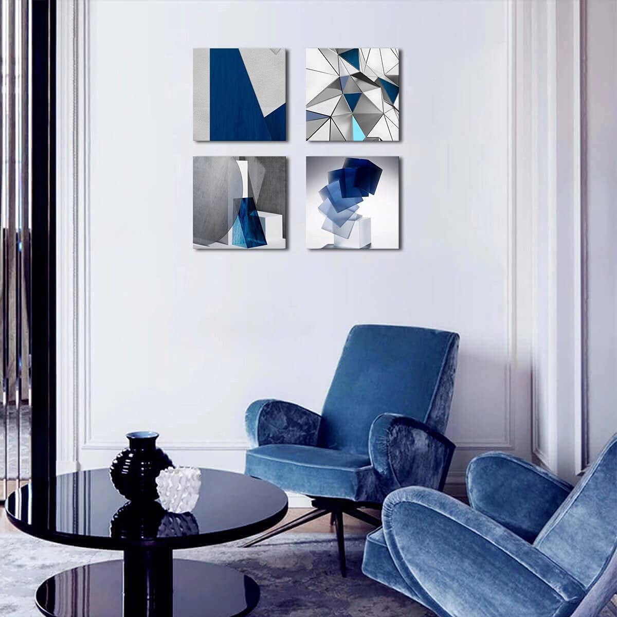 Blue Abstract Wall Art Blue and White for Living Room Decor 12X12 Modern Gray Abstract 3D Geometric Canvas Print Picture Framed Artwork Bathroom Bedroom Home Decor 4 Pieces