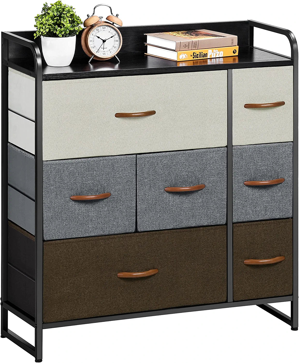 Dresser with 7 Drawers, Tall Dresser with Wood Top, 3-Tier Dresser Changeable Fabric Dresser Organizer Unit for Bedroom/Living Room/Closets，Multicolor