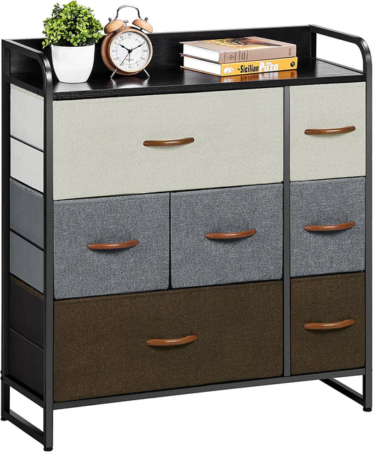 Dresser with 7 Drawers, Tall Dresser with Wood Top, 3-Tier Dresser Changeable Fabric Dresser Organizer Unit for Bedroom/Living Room/Closets，Multicolor
