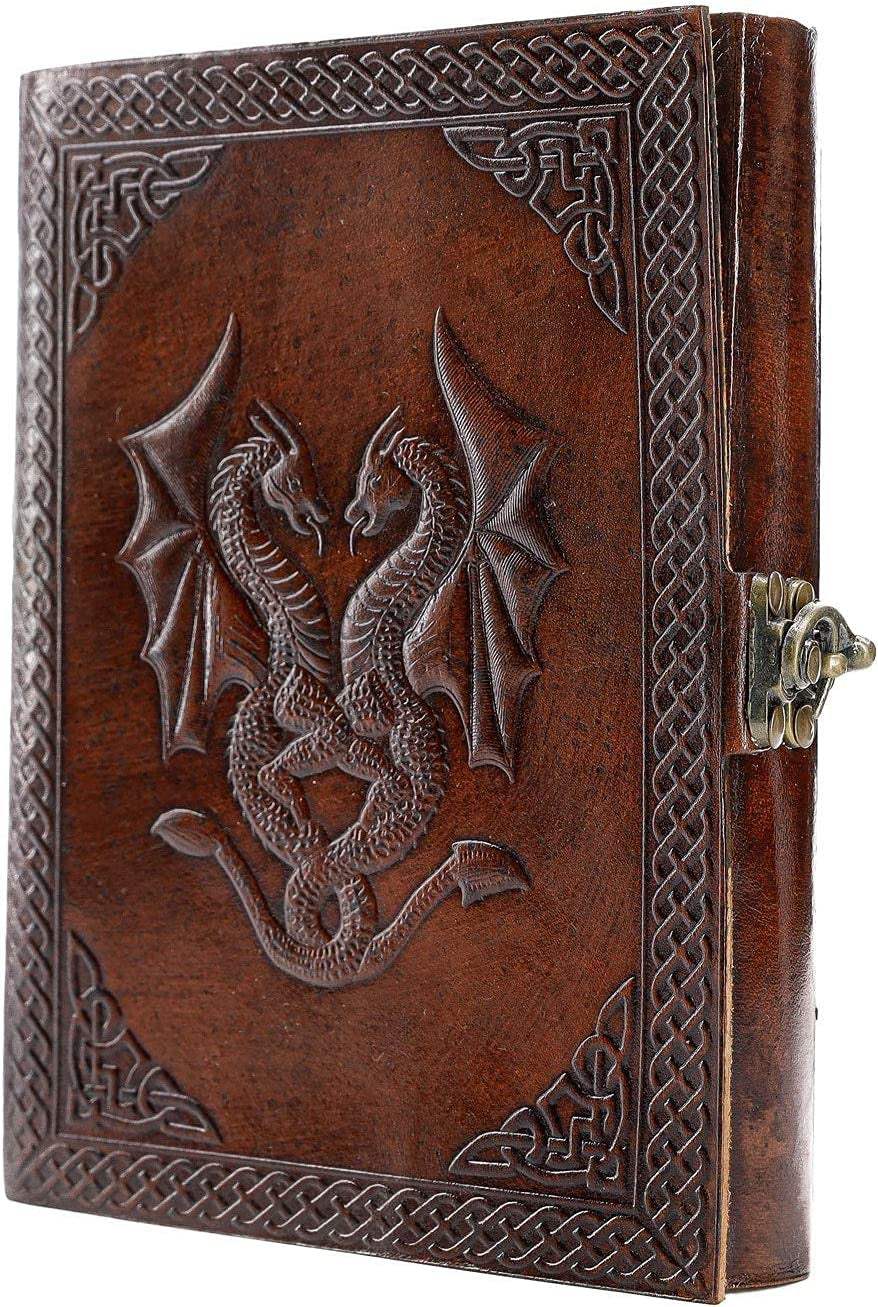 Handmade Leather Double Dragon Journal/Writing Notebook Diary/Bound Daily Notepad for Men & Women Unlined Paper Medium, Writing Pad Gift for Artit, ketch (8 X 6, Brown)