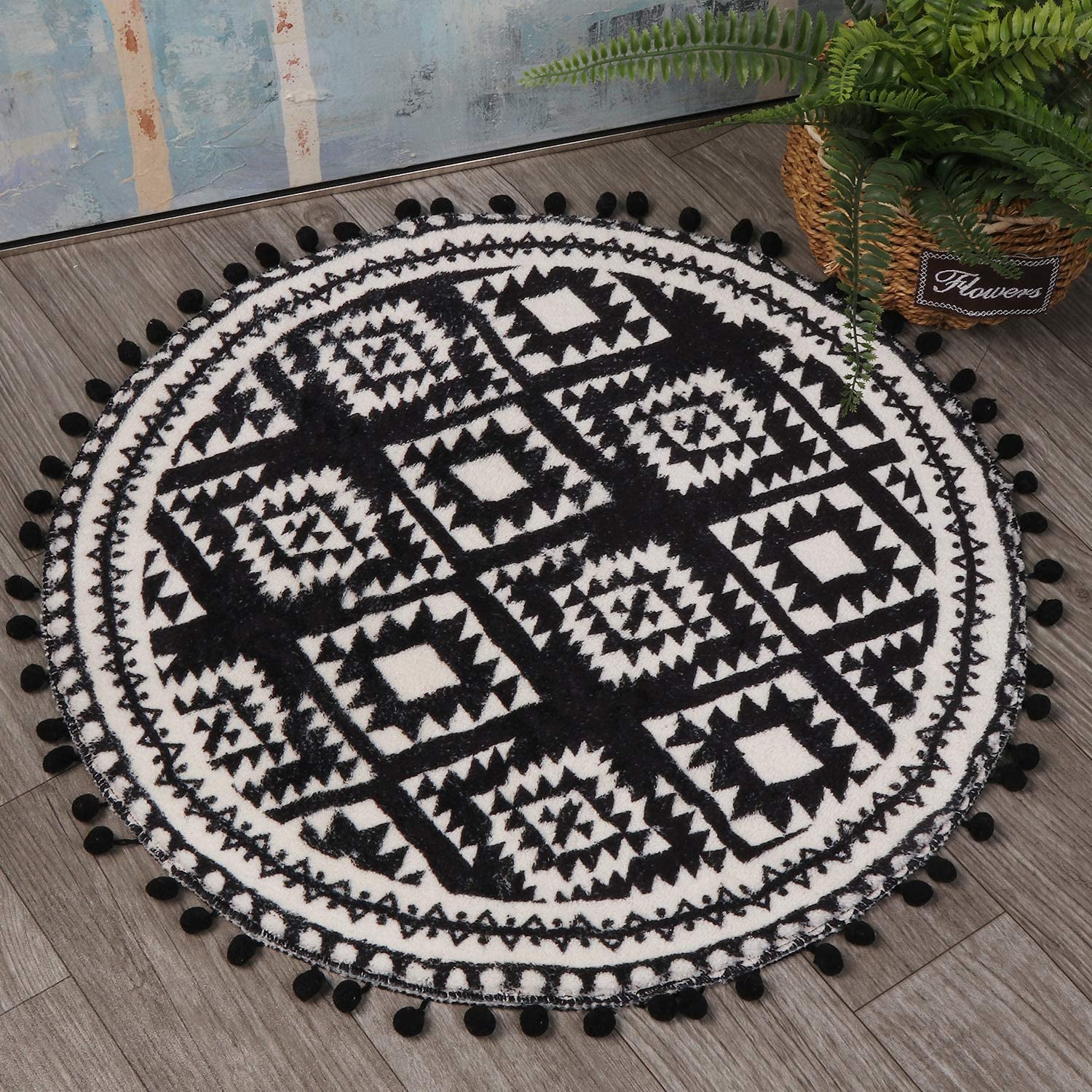 round Area Rugs 2Ft with Pom Pom Ball Fringe Black and Beige Soft Velvet Small Throw Rugs Non-Slip Boho Geometric Floor Carpet for Bedroom Living Room Bathroom Home Decor