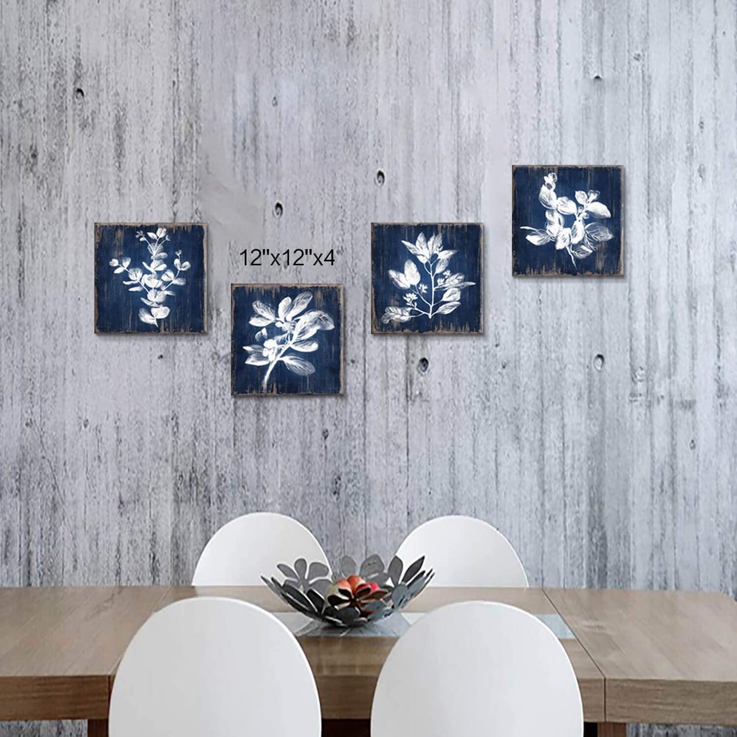 White Botanical Wall Canvas Art: Artistic Plant Picture Dark Blue Background Painting for Bathroom (12 X 12 X 4 Panels)