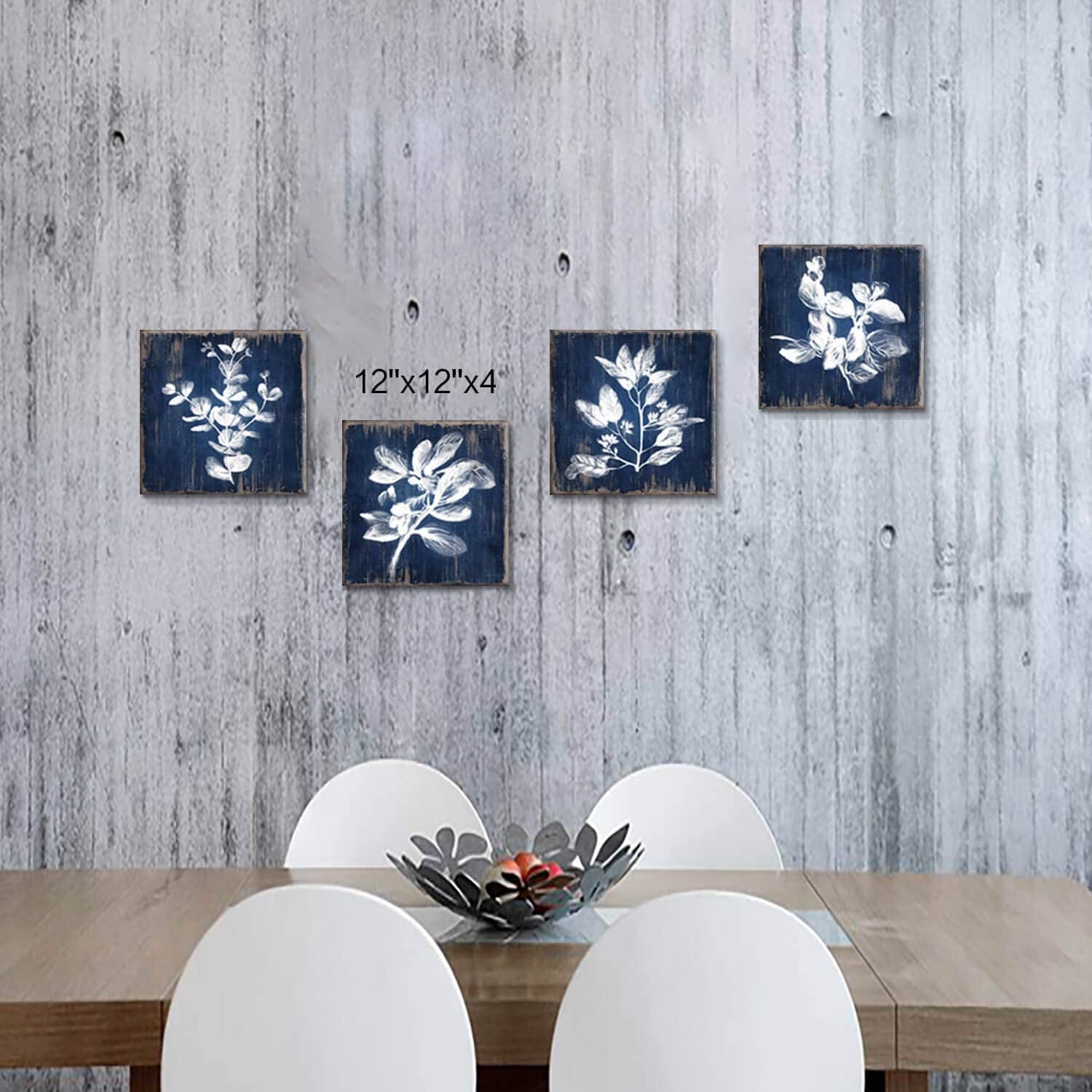 White Botanical Wall Canvas Art: Artistic Plant Picture Dark Blue Background Painting for Bathroom (12 X 12 X 4 Panels)