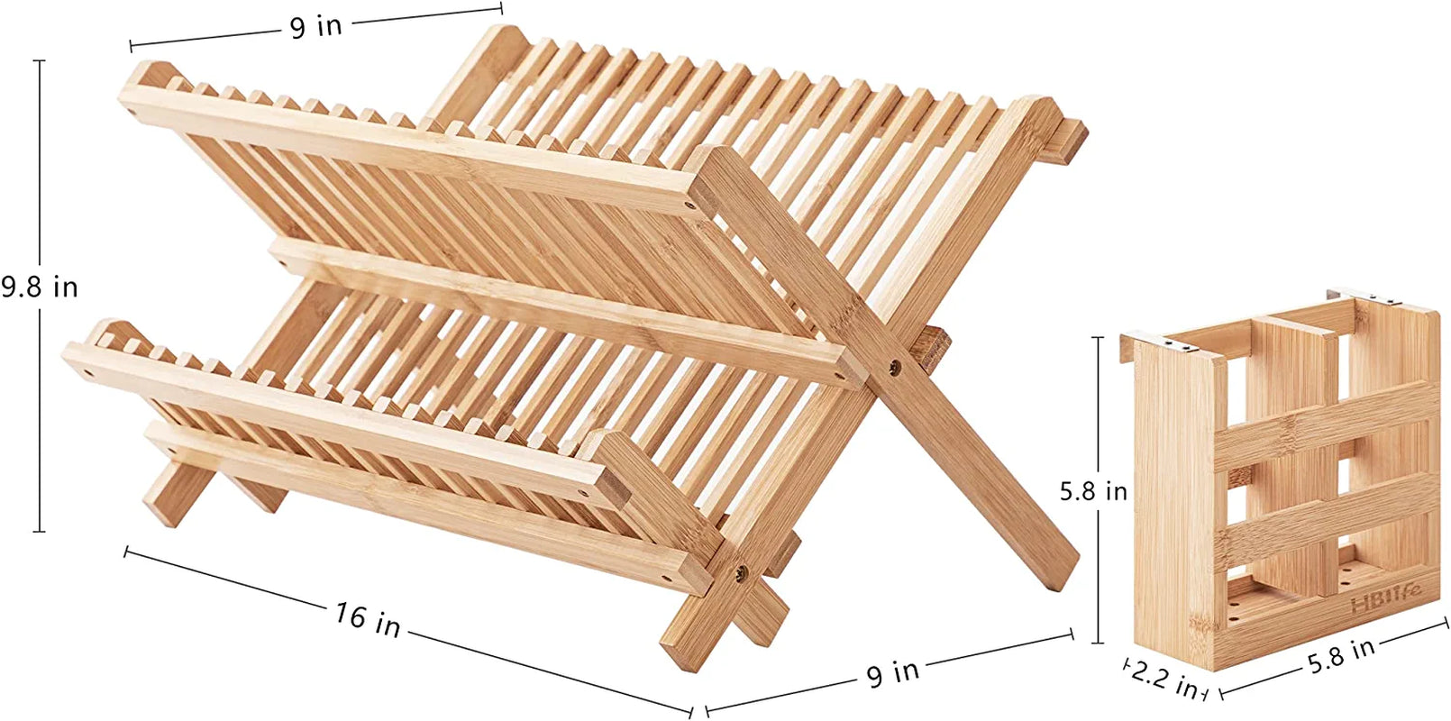 Dish Rack,Bamboo Folding 2-Tier Collapsible Drainer Dish Drying Rack with Utensils Flatware Holder Set (Dish Rack with Utensil Holder)