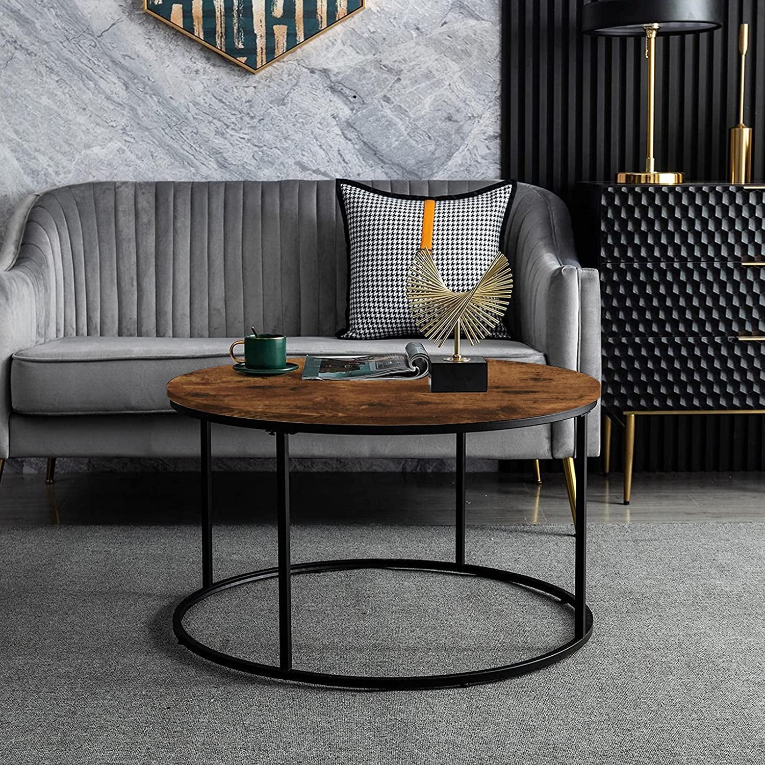 Rustic Brown round Coffee Table for Living Room, Small Modern Circle Table, Accent Side Sofa Table with Wood Top & Metal Frame, Sturdy and Stylish, 31.5 Inch