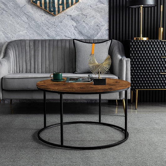 Rustic Brown round Coffee Table for Living Room, Small Modern Circle Table, Accent Side Sofa Table with Wood Top & Metal Frame, Sturdy and Stylish, 31.5 Inch