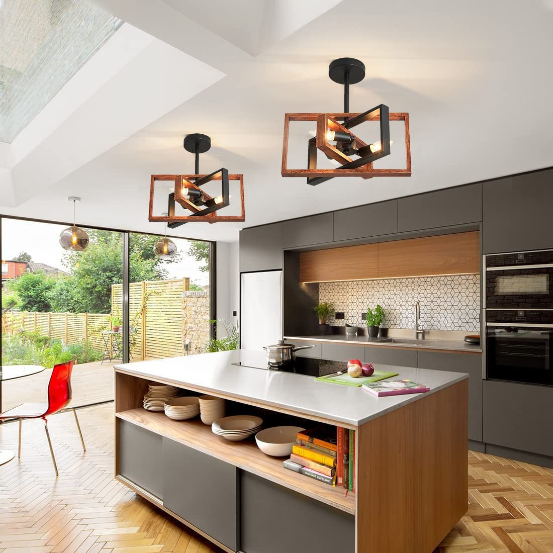 3 Light Rotatable Ceiling Lights Industrial Farmhouse Semi Flush Mount Ceiling Light Fixture with Adjustable Framework Black Metal and Wood for Hallway Living Room Bedroom Kitchen Entryway