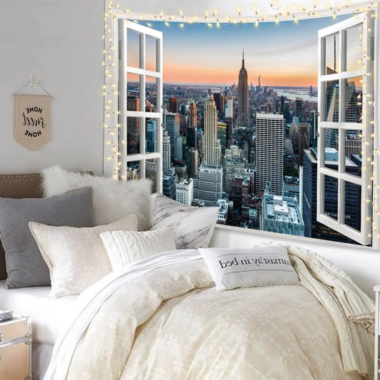 New York Window Tapestry 59Hx78W Inch Skyline City Cityscape Landscape Large Wall Hanging Bedroom Men Poster Backdrop Sunset Building Business Center Window Wall Art Living Room Dorm Decor Fabric