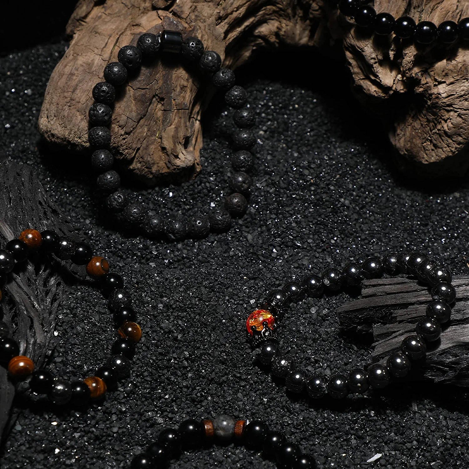 5 Pieces Adjustable Stretch Beads Bracelet Black Elastic Bracelets Therapy Lava Rock Bracelets Tiger'S Eye Stone Magnetic Hematite Jewelry Triple Protection Positive Energy Bracelet for Men Women