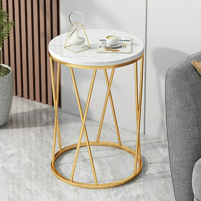 Faux Marble Side Table X-Shape Round End Table Modern Small Accent Home Decor for Living Room Black/White