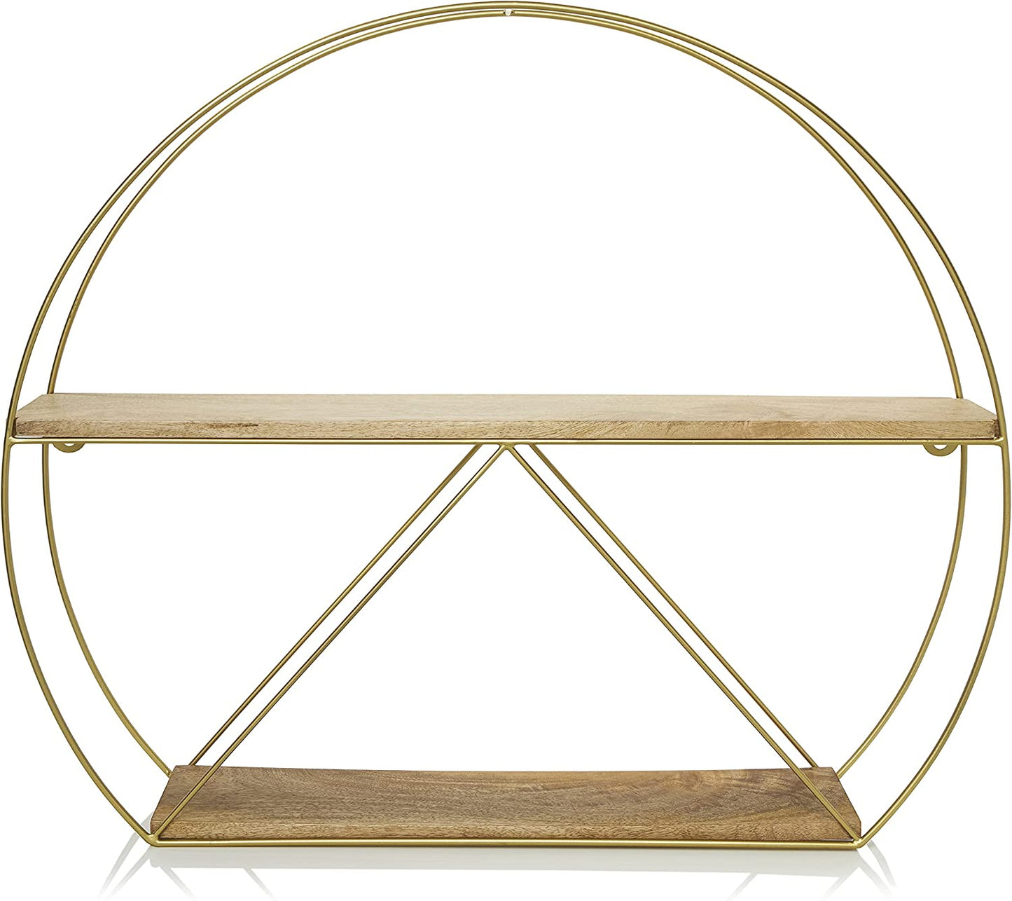 Gold round Wall Shelves, Large Circular Floating Shelf for Bathroom, Living Room, Kitchen and Bedroom, Brass Geometric Wall Decor, Metal Sconce Shelf with Mango Wood, Boho Accent Display
