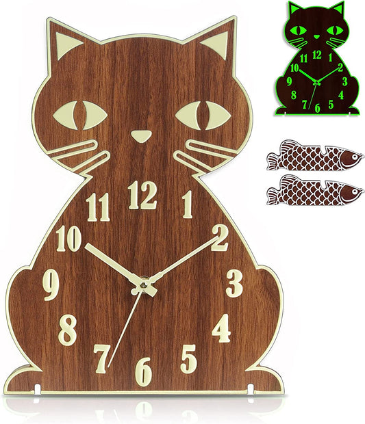 Night Light Wall Clock - Cat Wall Clocks Glow in Dark, Silent Non-Ticking Wood Clocks Battery Operated, Rustic Farmhouse Modern Clock Decorative for Kitchen Living Room Bedroom (12 Inch)