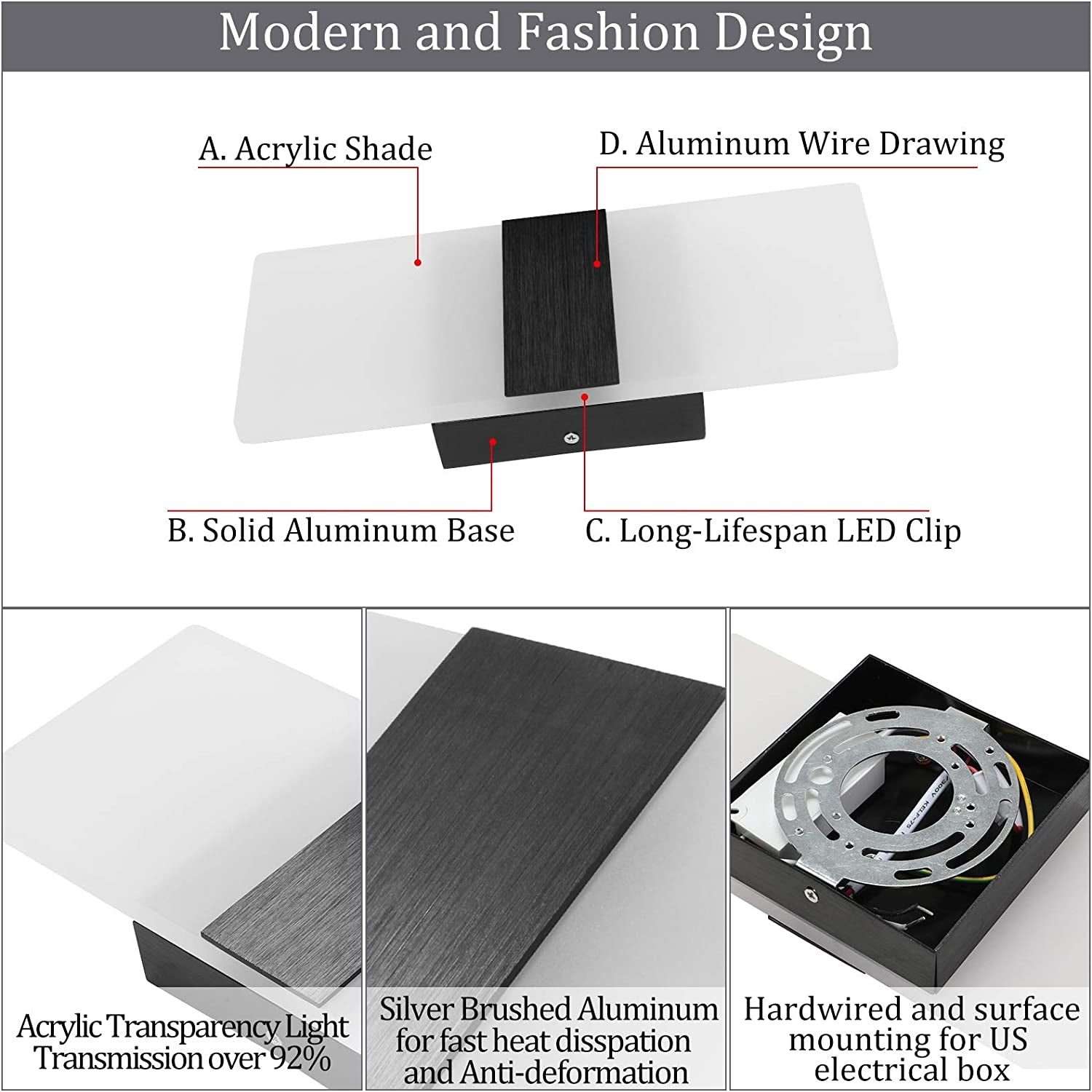Modern Wall Sconce 12W LED Wall Lights Indoor Acrylic Modern Wall Light Set of 2 LED Wall Lamp for Hallway Living Room Corridor Bedroom, Warm White
