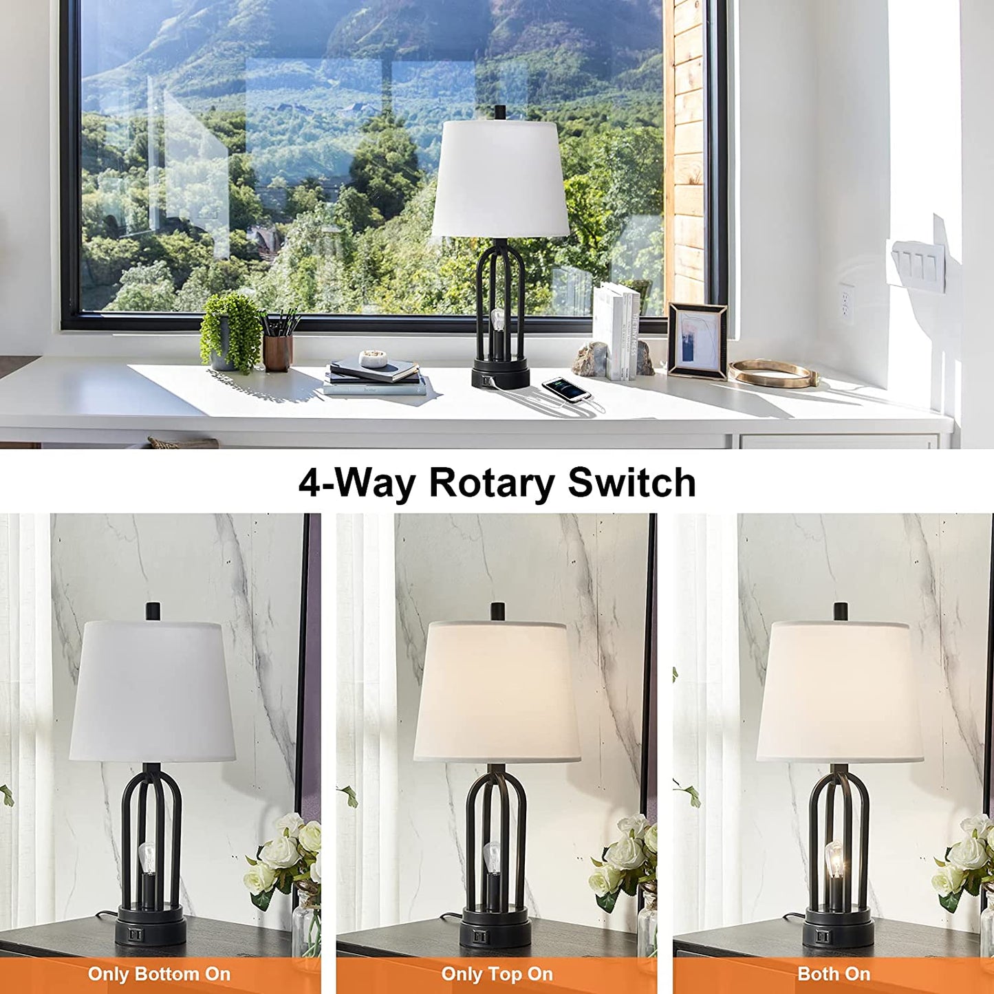 22" Industrial Table Lamp Set of 2, Farmhouse Table Lamp with 2 USB Ports Bedside Lamp with 2 LED Nightlight Blubs, Rustic Nightstand Lamp for Living Room Bedroom Reading Study Office (Black)