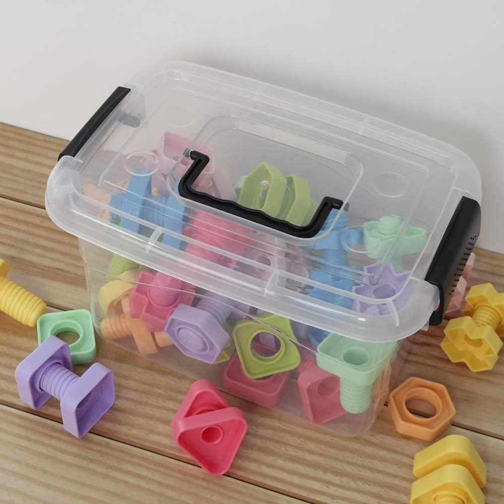 5 L Plastic Storage Bin with Lid, Clear Transparent Box with Black Handles Set of 6