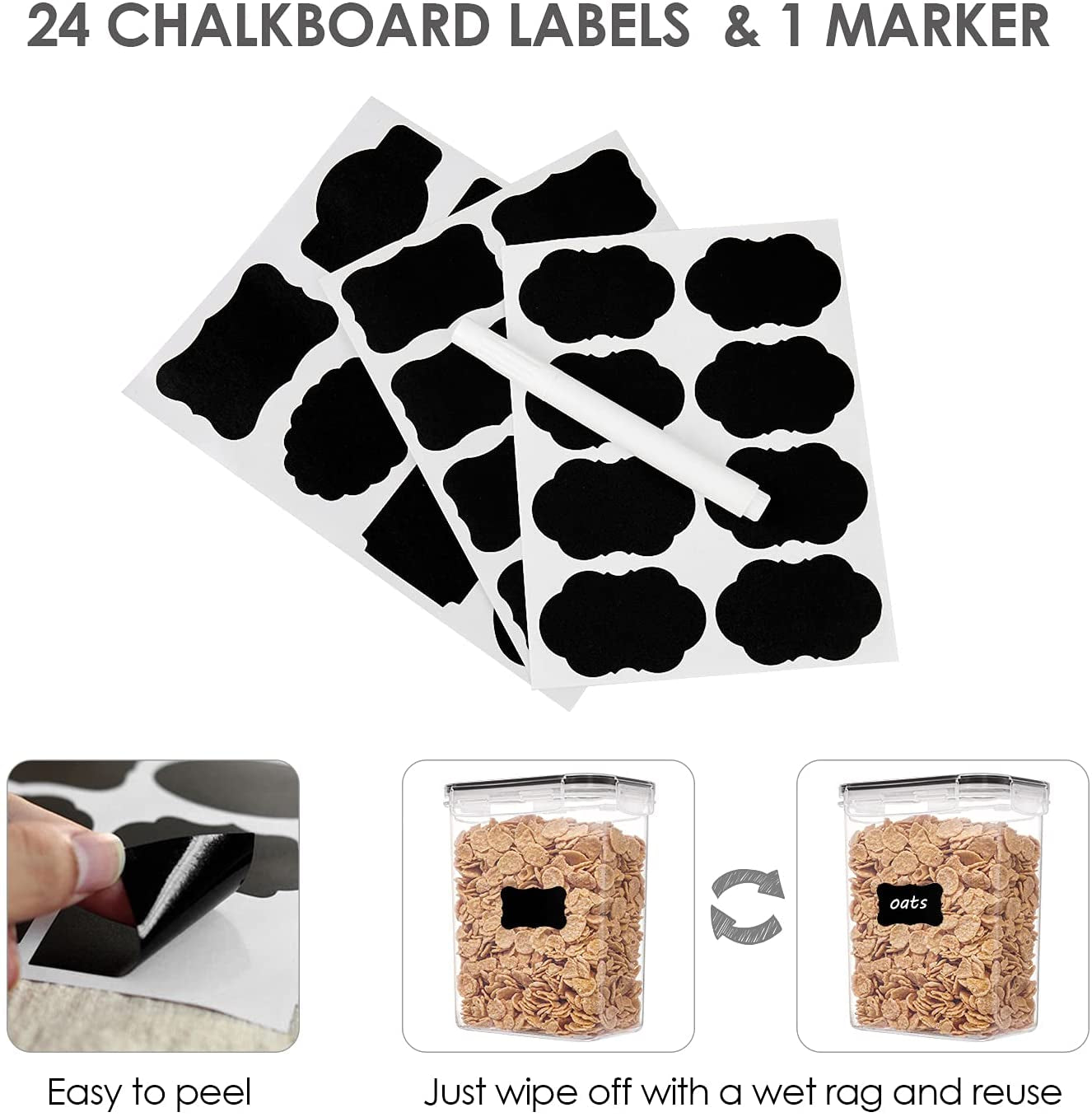 Airtight Food Storage Containers with Lids,  24 Pcs Plastic Kitchen and Pantry Organization Canisters for Cereal, Dry Food, Flour and Sugar, BPA Free, Includes 24 Labels