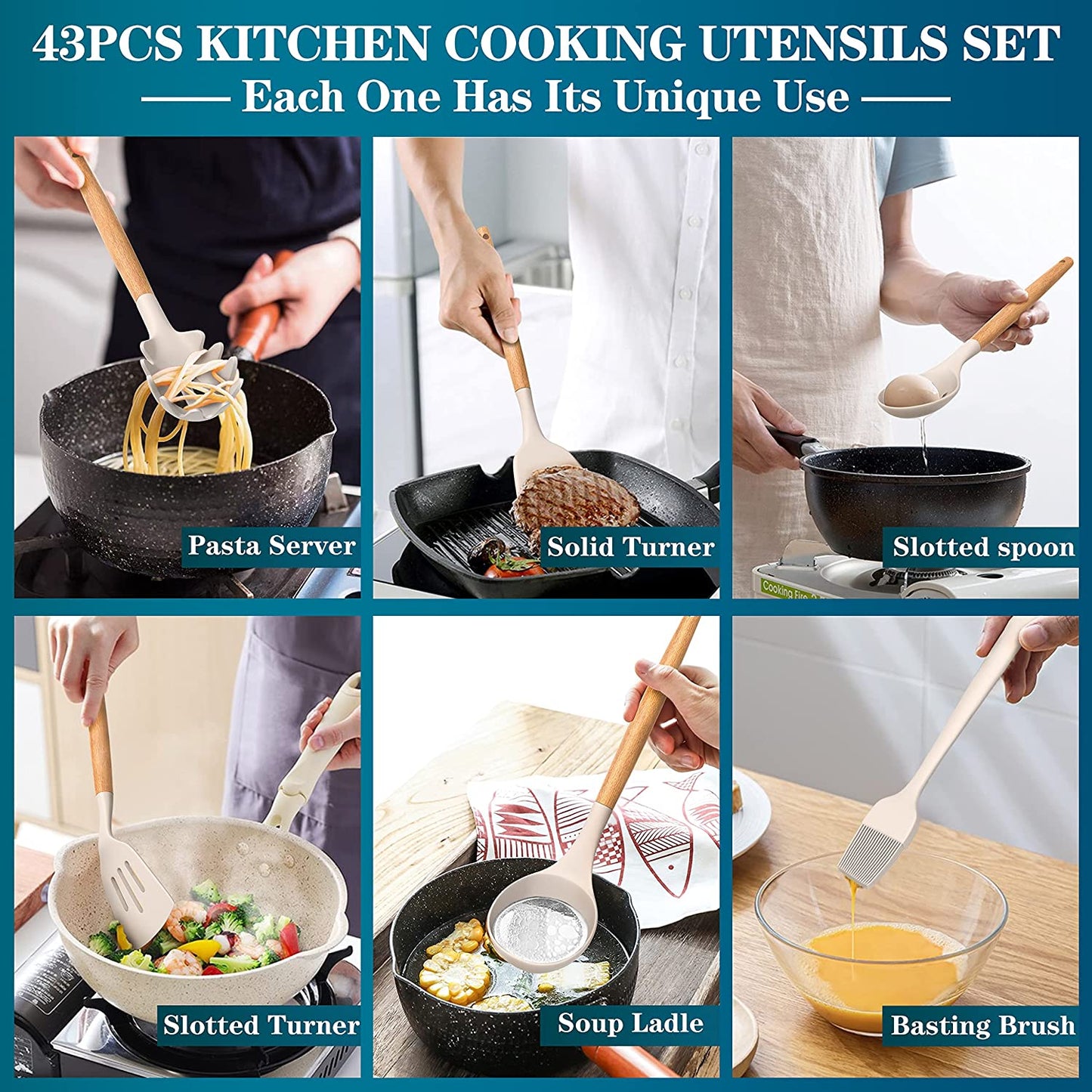 Silicone Cooking Utensils Set, 43Pcs Non-Stick Heat Resistant Kitchen Utensils Spatula Set with Wooden Handle for Baking, Cooking, and Mixing, Best Kitchen Gadgets Tools with Holder (Khaki)