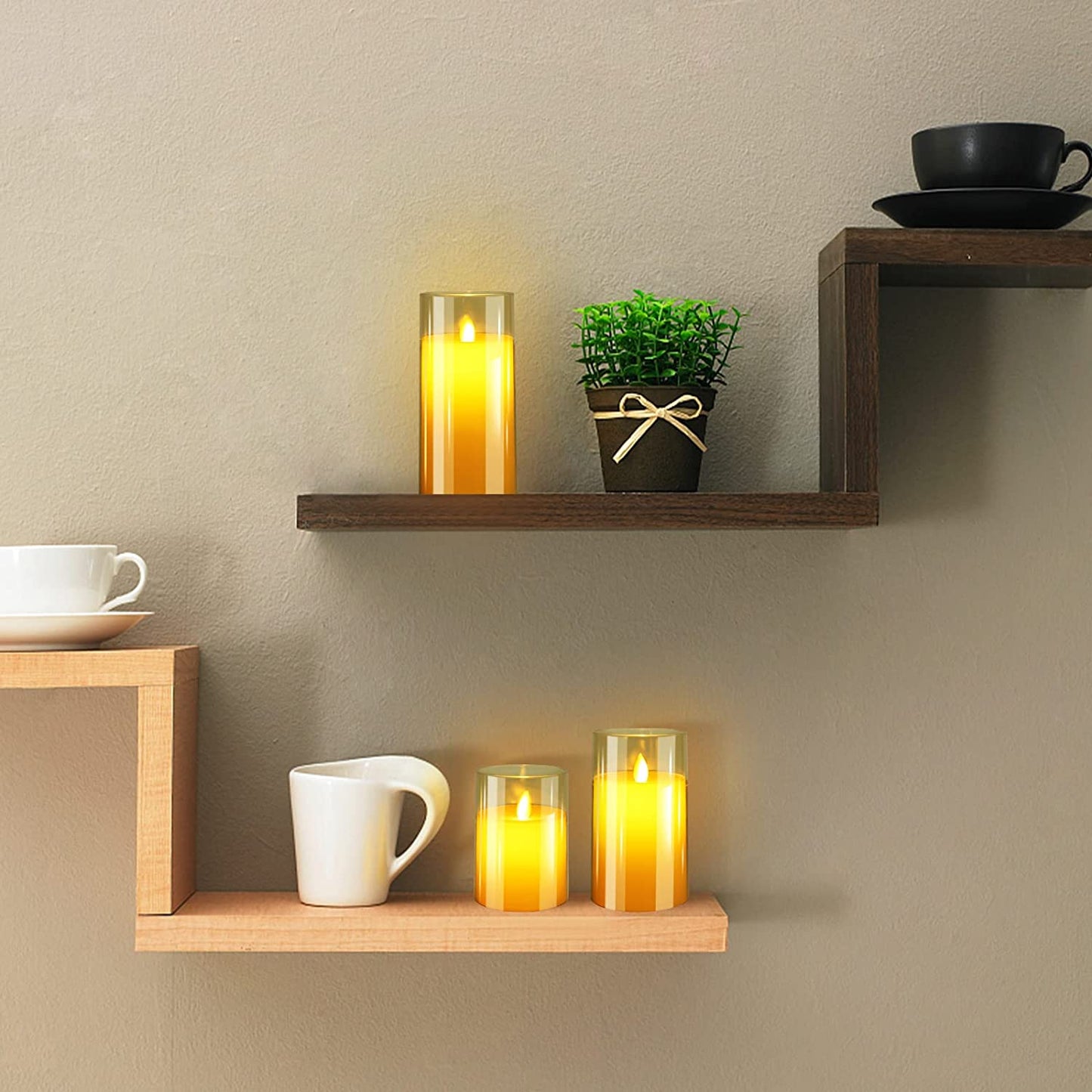 Flameless Candles Flickering with Remote, Battery Operated Candles Pack of 3 with Timer, Plexiglass LED Candles for Home Table Decor(D: 3" X H: 4" 5" 6") (Dark Brown)