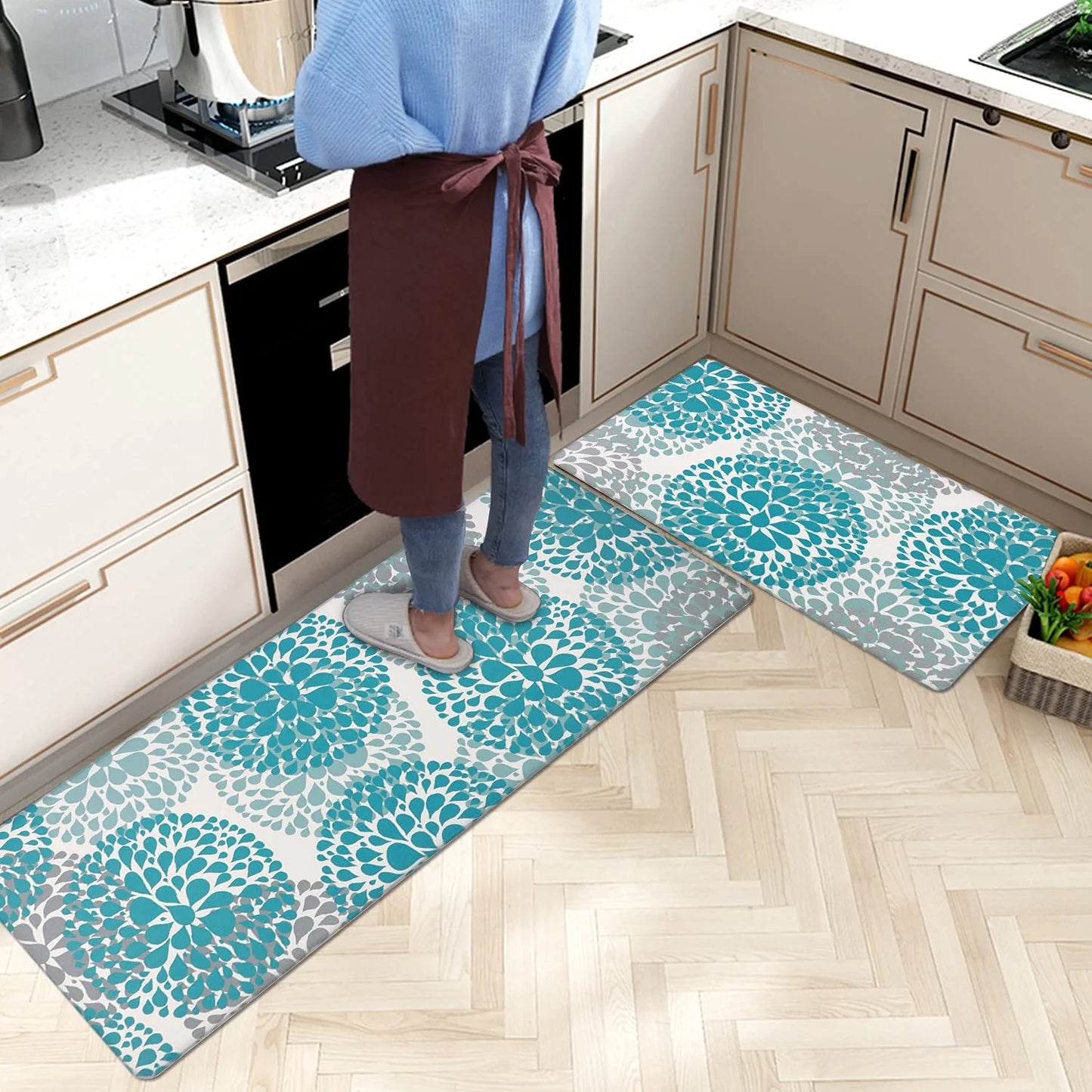 Kitchen Rugs Set anti Fatigue Kitchen Floor Mat Easy to Clean 2Piece Non Slip Comfort PVC Leather Heavy Duty Standing Mats Indoor Outdoor(17.3"×28" and 17.3"×47")