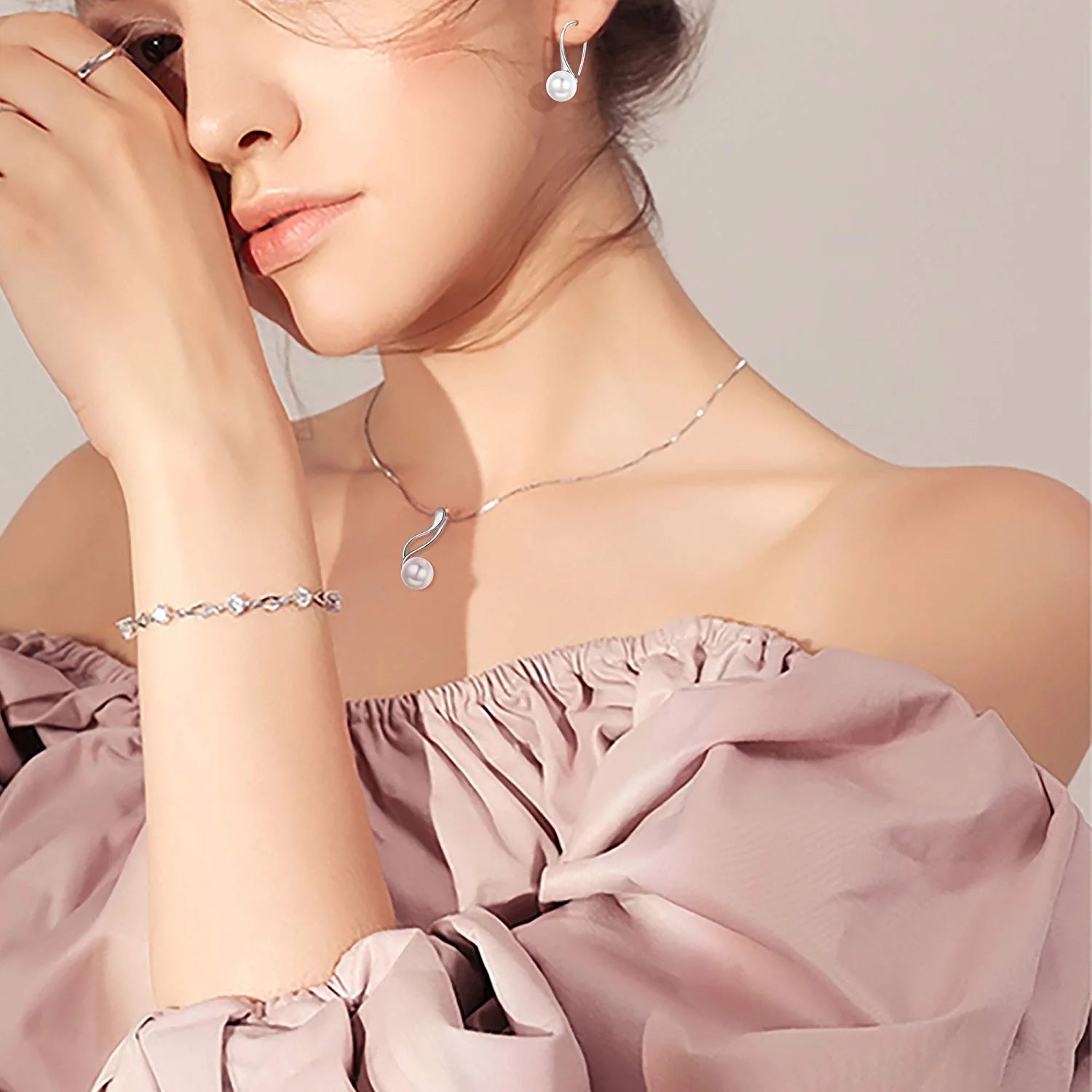 Sterling Silver Pearl Jewelry Set 18K Gold Plated Genuine Freshwater Cultured Pearl Jewelry Pendant Necklace Pearl Earrings for Women Girls