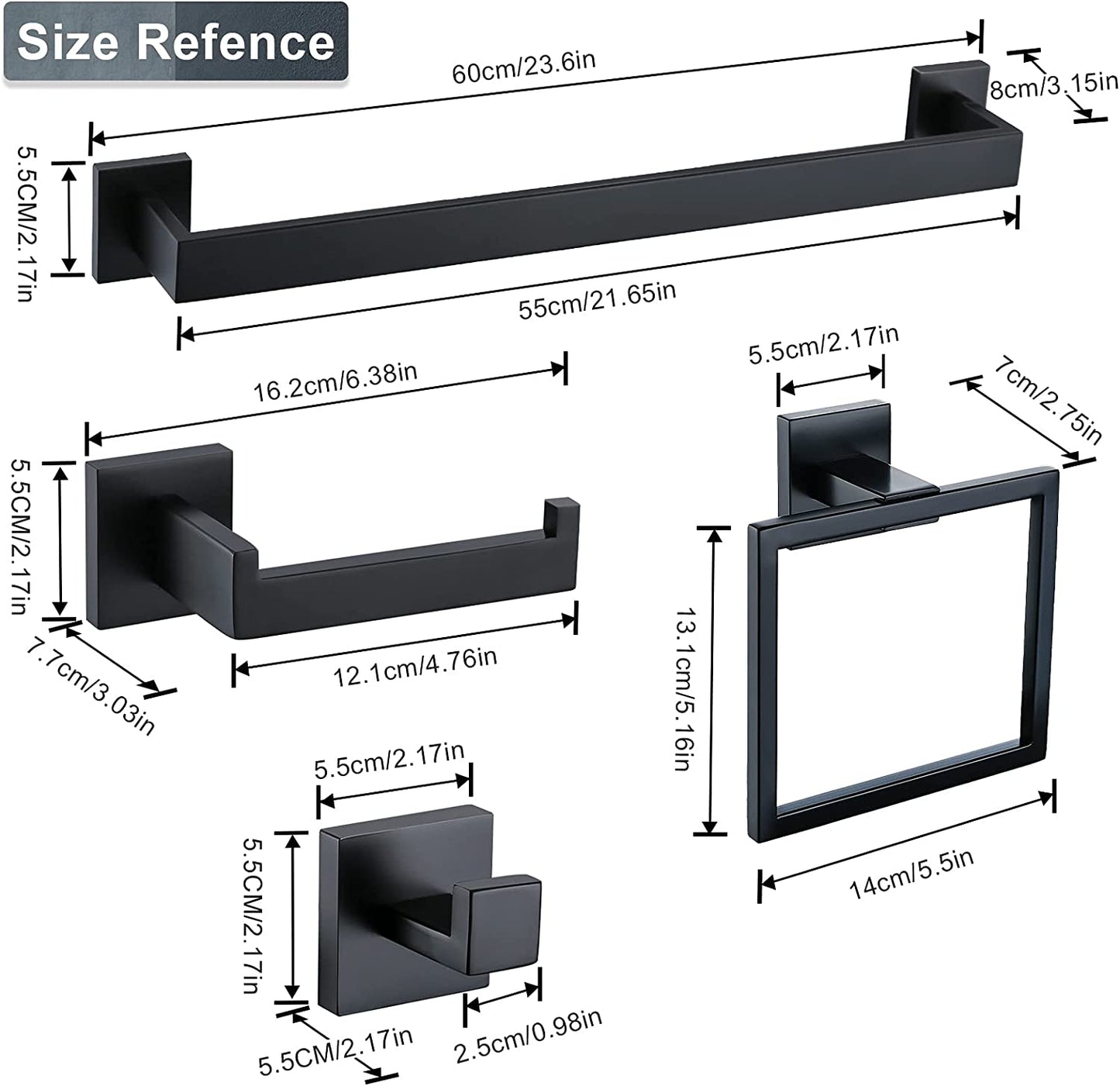 Bathroom Towel Bar Sets Matte Black 4-Piece Bathroom Hardware Set Stainless Steel Bath Accessories Kit. Wall Mounted,23.6 Inch