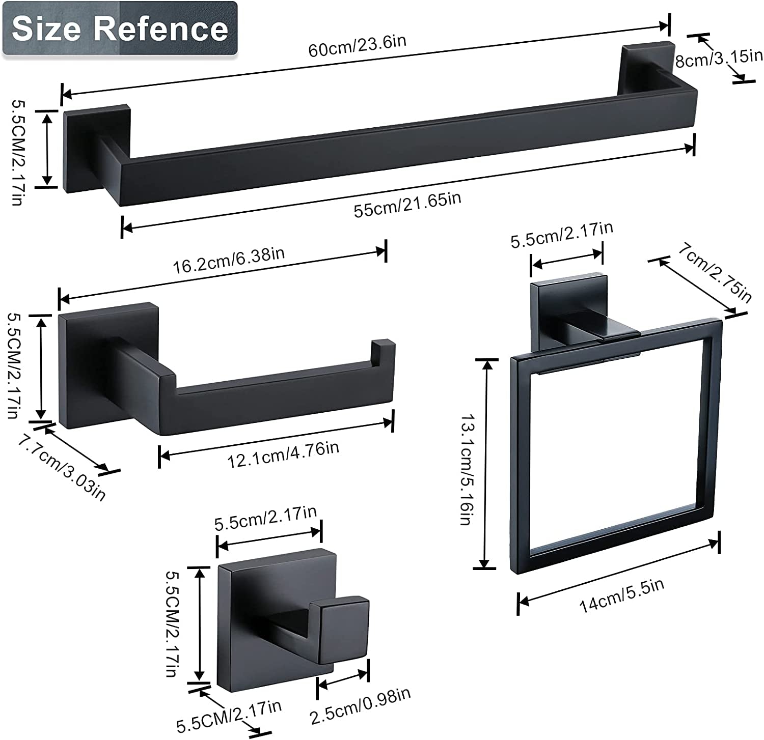 Bathroom Towel Bar Sets Matte Black 4-Piece Bathroom Hardware Set Stainless Steel Bath Accessories Kit. Wall Mounted,23.6 Inch
