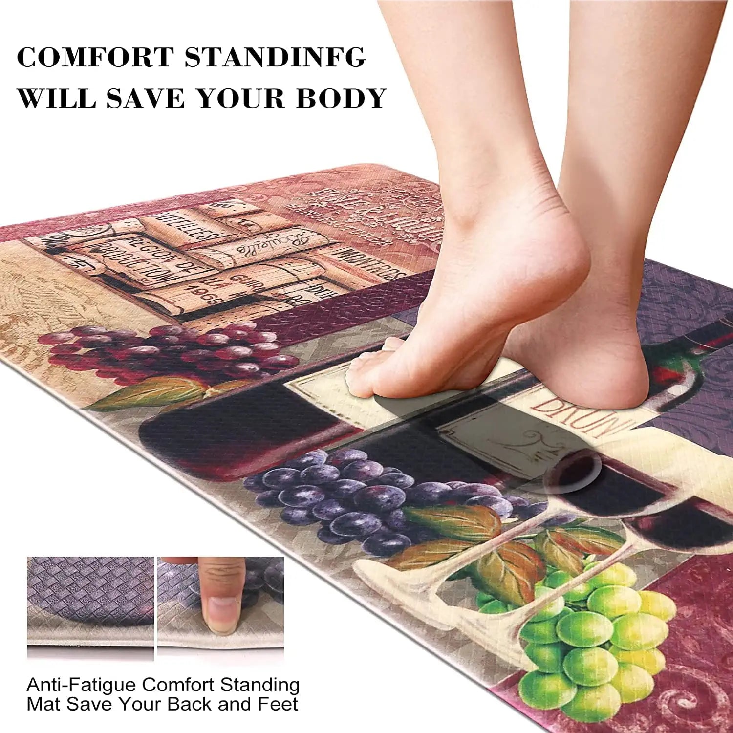 Kitchen Mat Set of 2 Cushioned anti Fatigue Mat, Wine Print Cushioned Kitchen Rug 18"X59"+18"X30", Waterproof Non Slip Comfort Kitchen Mats for Floor, Memory Foam Kitchen Rugs and Mats