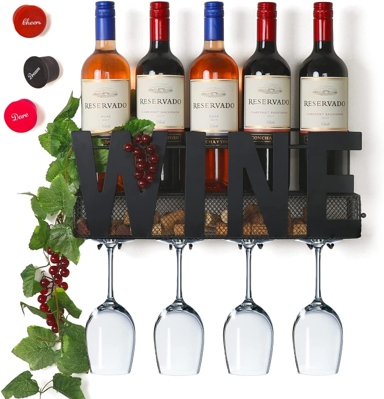 SODUKU Wall Mounted Metal Wine Rack 4 Long Stem Glass Holder & Wine Cork Storage Wine