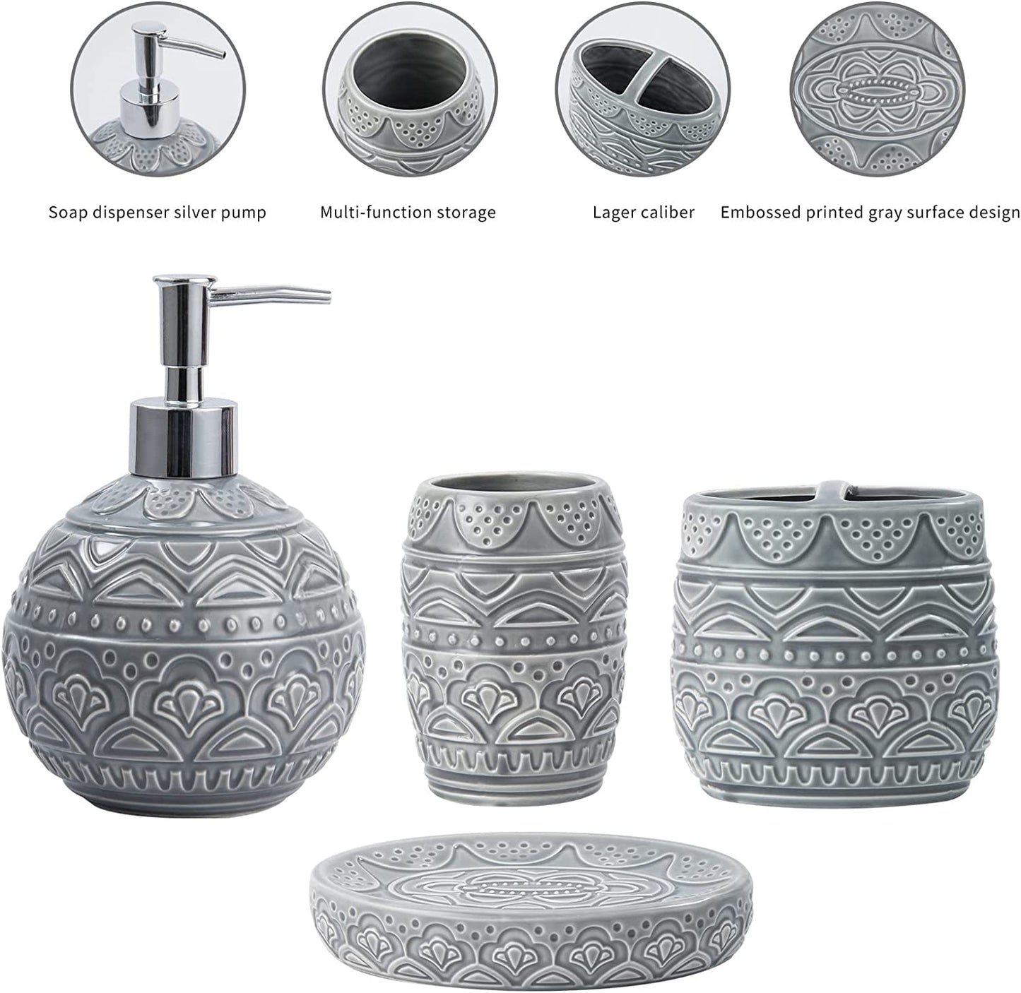 Bathroom Accessory Set, Bath Accessories Set 4-Piece Ceramic Embossed Bath Countertop Set with Soap Dish, Soap & Lotion Dispenser, Cup, Divided Toothbrush Holder ,Grey