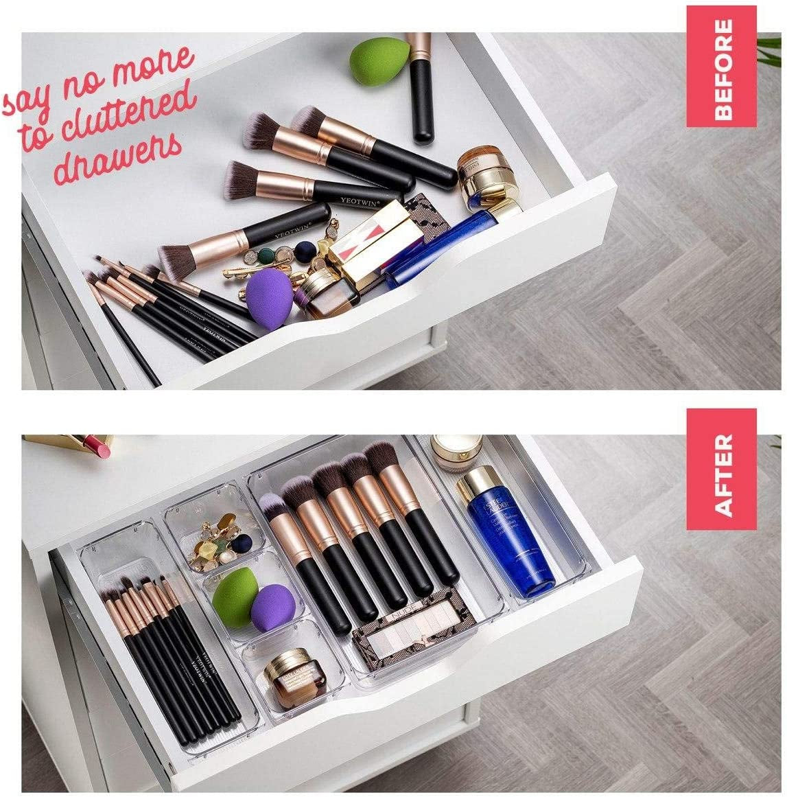 25 Pcs Drawer Organizer Set Dresser Desk Drawer Dividers - 4 Size Bathroom Vanity Cosmetic Makeup Trays - Multipurpose Clear Plastic Storage Bins for Jewelries, Kitchen Gadgets and Office Accessories