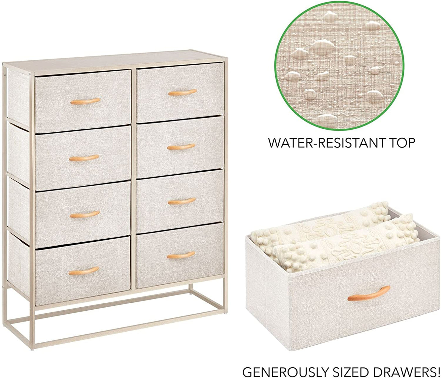 Wide Modern 8-Drawer Dresser Storage Unit, Sturdy Steel Frame, Wood Top, Easy-Pull Wood Handles/Fabric Bins, Organizer for Bedroom, Hallway, Entryway, Closet, Margo Collection, Cream/Gold