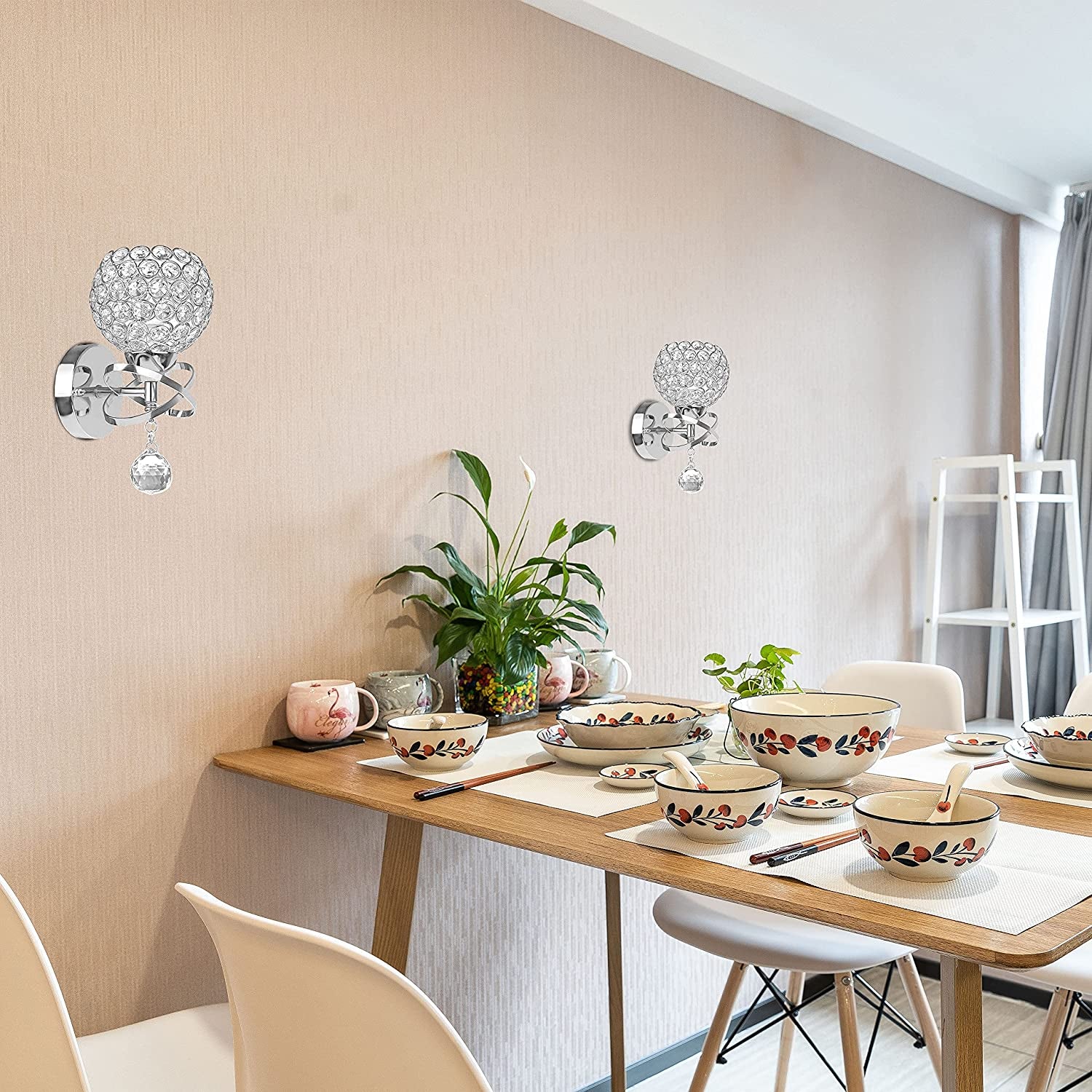 Crystal Wall Sconces Set of Two, Modern Wall Light Sconces Wall Lighting with Hanging Crystal Ball, Wall Mount Lamp Bedside Wall Lamp Silver Sconces Wall Decor for Bedroom Living Room Hallway