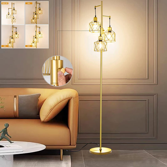 Decorative Gold Floor Lamp,3-Light Farmhouse Floor Lamps for Living Room with Smooth Dimmable ( Adjust Brightness Nightlight ), Modern Style Standing Tall Lamp of Diamond Cage - Bulb Included