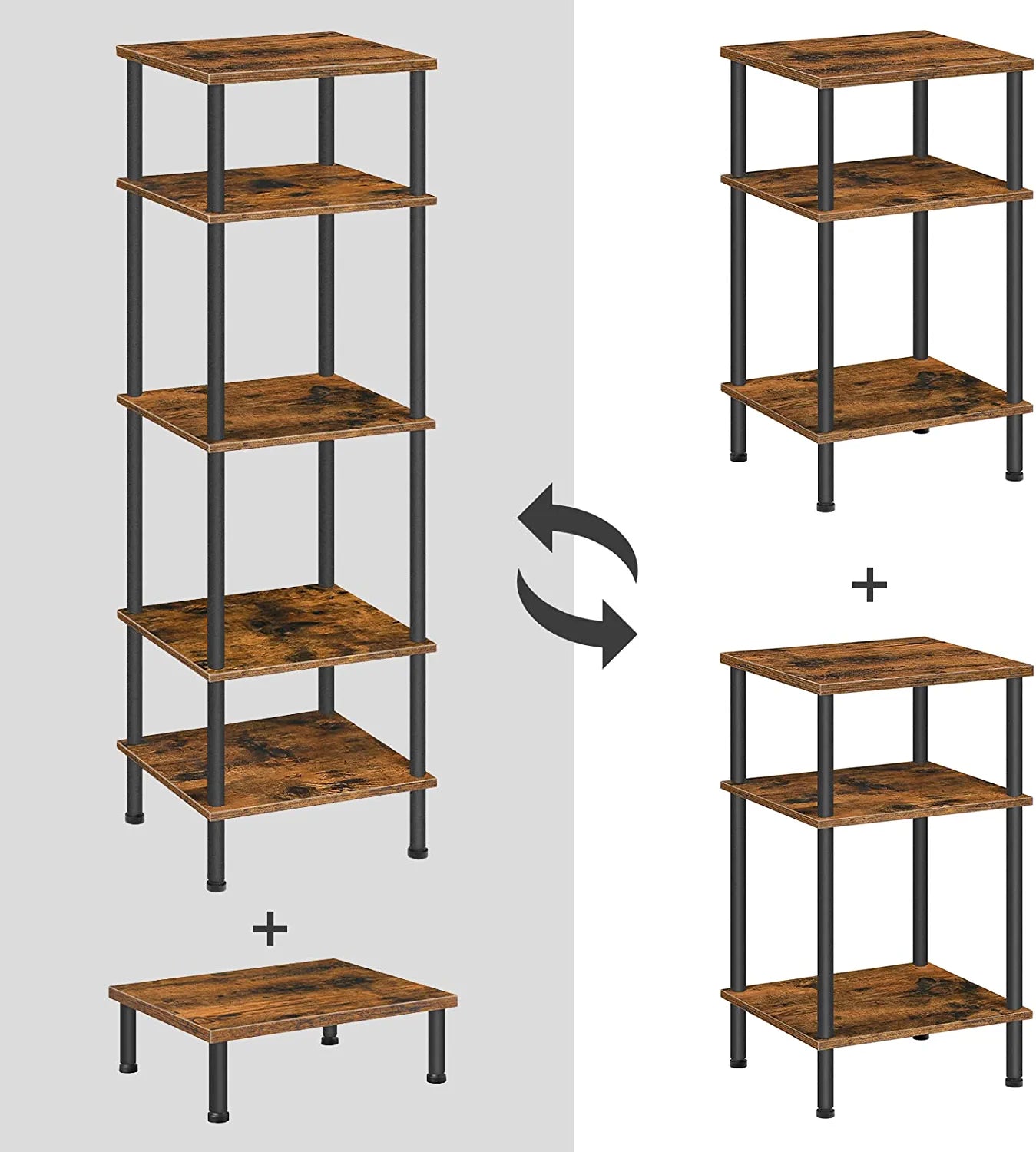 Tall Side Table Set of 2, 3-Layer Stackable Nightstand, Stable End Table for Small Space in Bedroom, Living Room, Industrial Style, Stable Frame, Easy Assembly Rustic Brown BF10BZP201