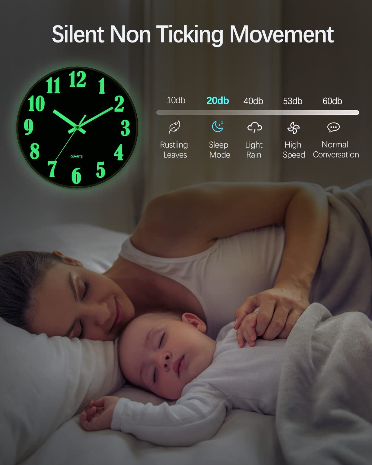Modern Night Light Wall Clock, 12 Inch Silent Non-Ticking Quartz Wall Clocks, Large Luminous Function Numbers and Hands, Battery Operated Decorative Wall Clock for Office, Kitchen, Living Room
