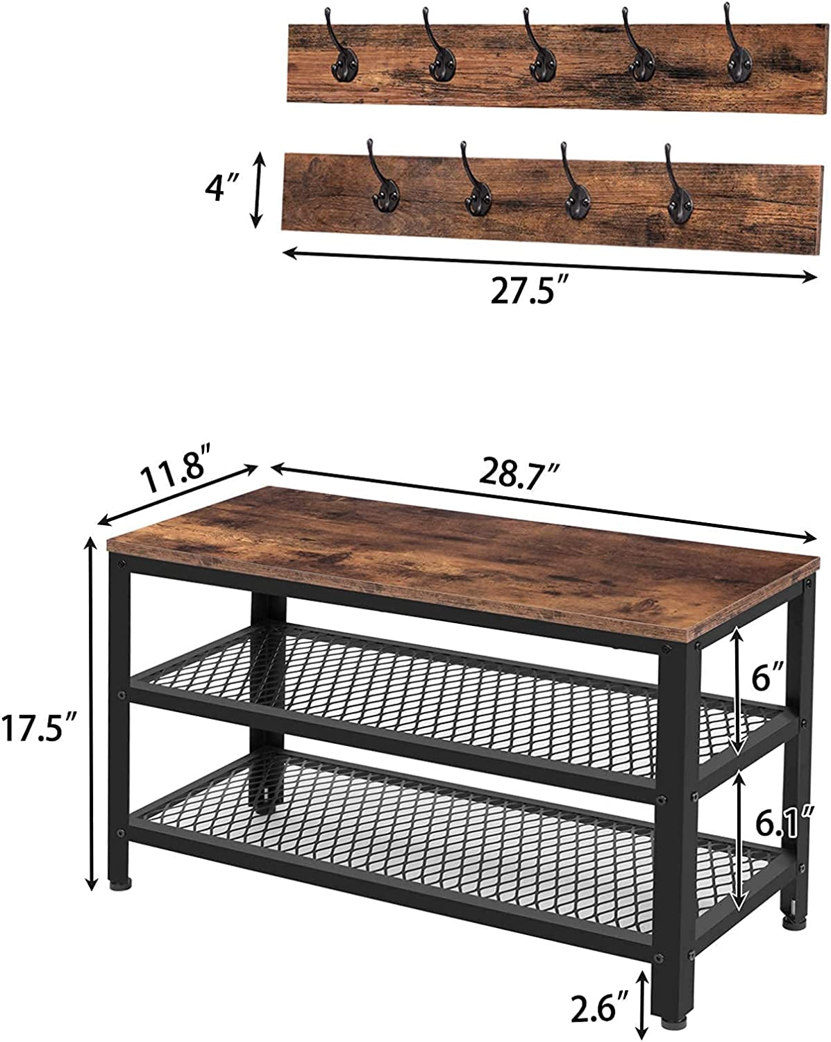Coat Rack Shoe Bench, Hall Tree Entryway Storage Bench, Shoe Rack Organizer with Coat Hooks, 3-In-1 Design, Wood Furniture with Metal Frame, Rustic Brown and Black BF17MT01