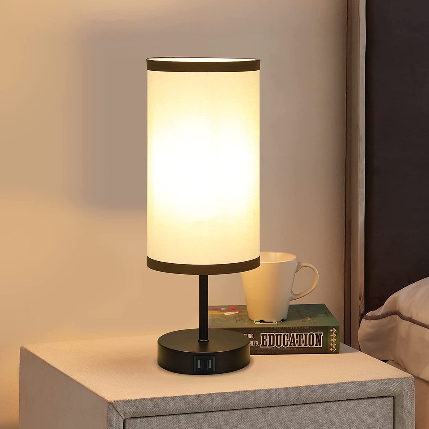 Bedside Lamp with 2 USB Ports,  3-Way Dimmable Touch Control Table Lamp for Bedroom, Nightstand Lamp with round White Fabric Shade for Living Room Home Office (E26 LED Bulb Included)