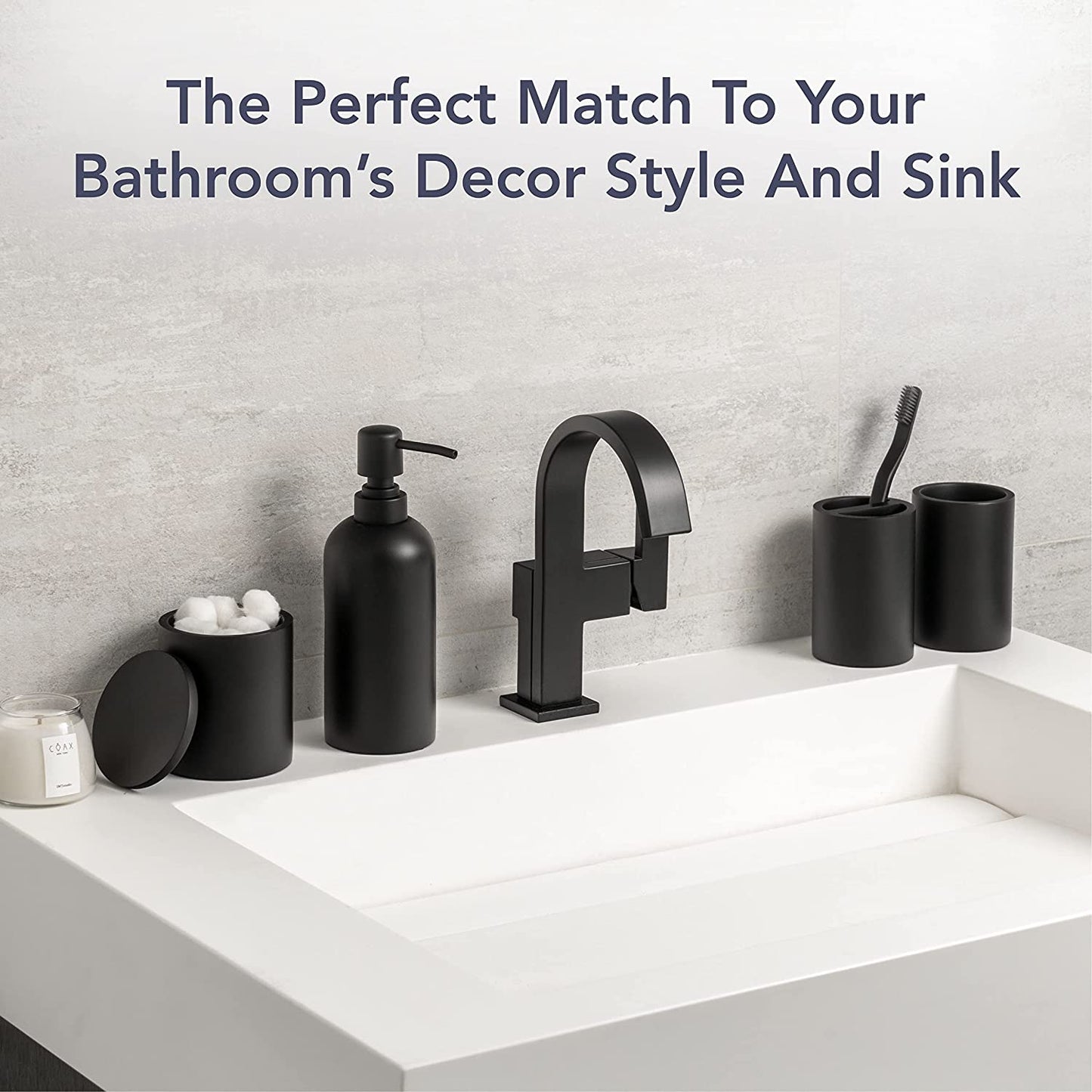 Bathroom Accessories Matte Black Set of 4, Bathroom Organization, Bathroom Accessory Set - Soap Dispenser, Bathroom Jars, Toothbrush Cup, Brush Holder, Made of Resin, Modern Home Decor