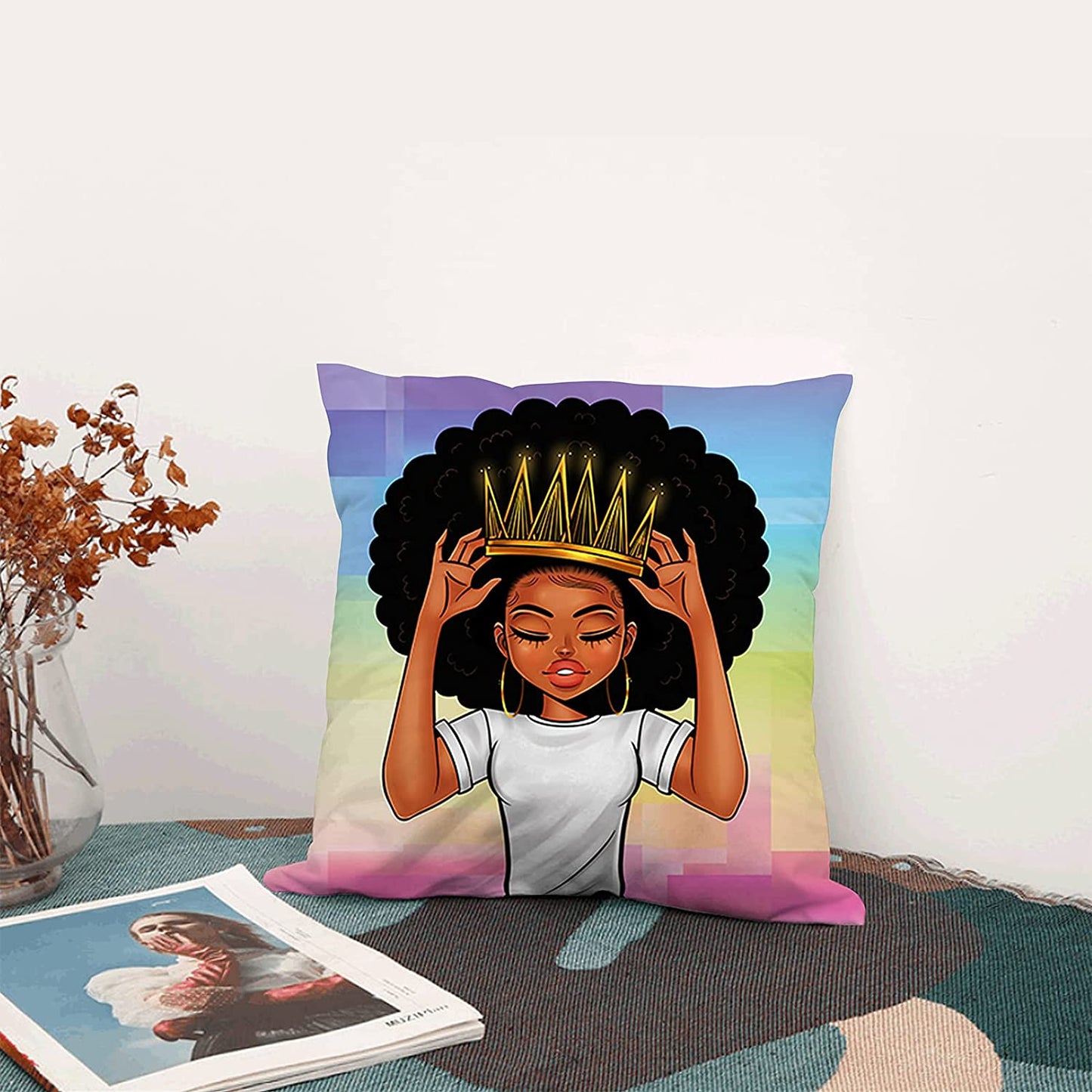 Plush Pillow Cases Black Girl Magic Throw Pillow Covers for Girls,African American Women Girl with Crown Pillowcase,Afro Girls Black Queen Princess Cushion Cover Cases,Pink Colorful ,18 X 18 Inch