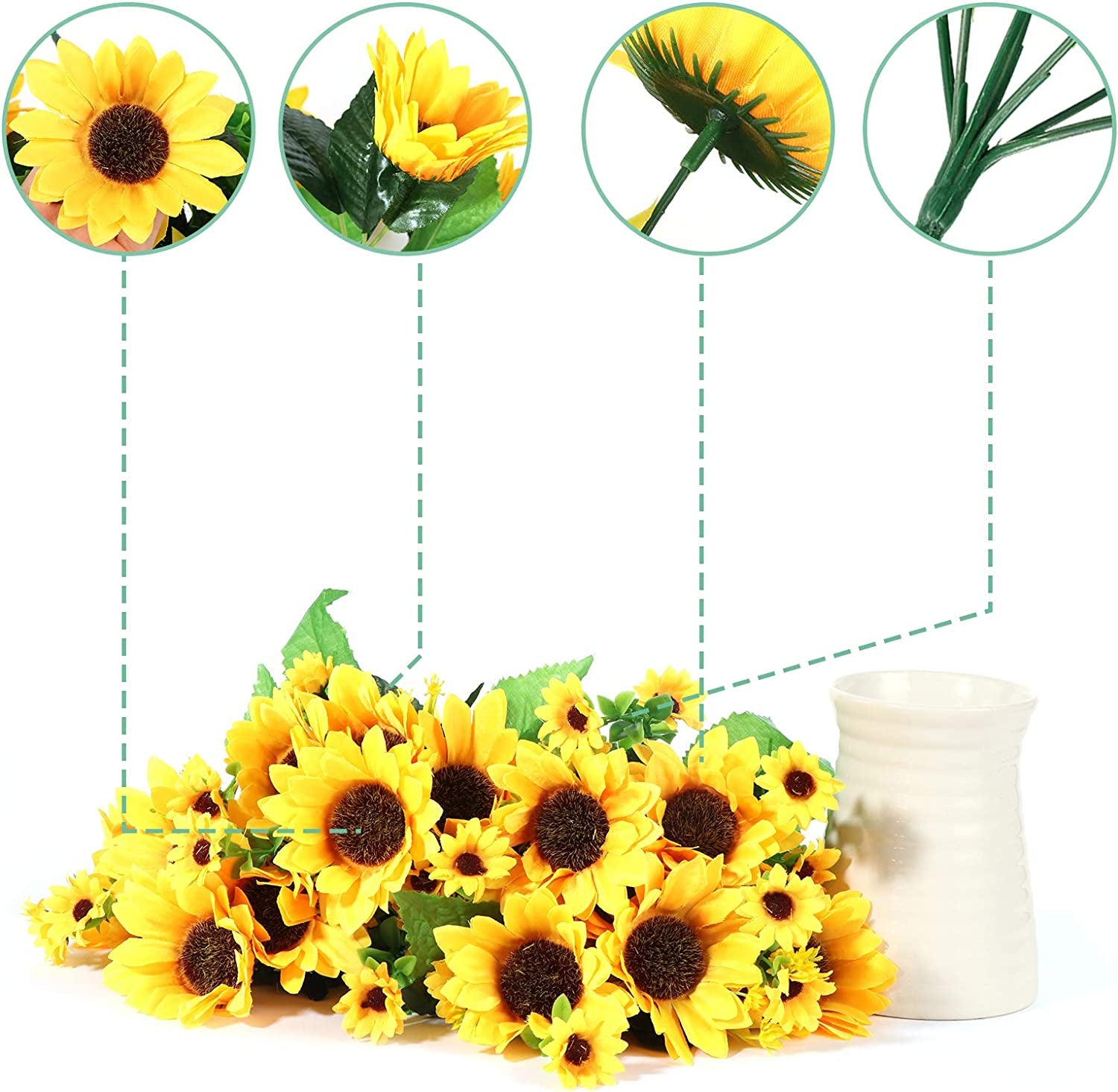 Fall Artificial Flowers in Ceramics Vase, Silk Flower Arrangements, Faux Sunflowers Bouquets with Vase for Desktop Decoration (Ripple Ceramic Sunflower)