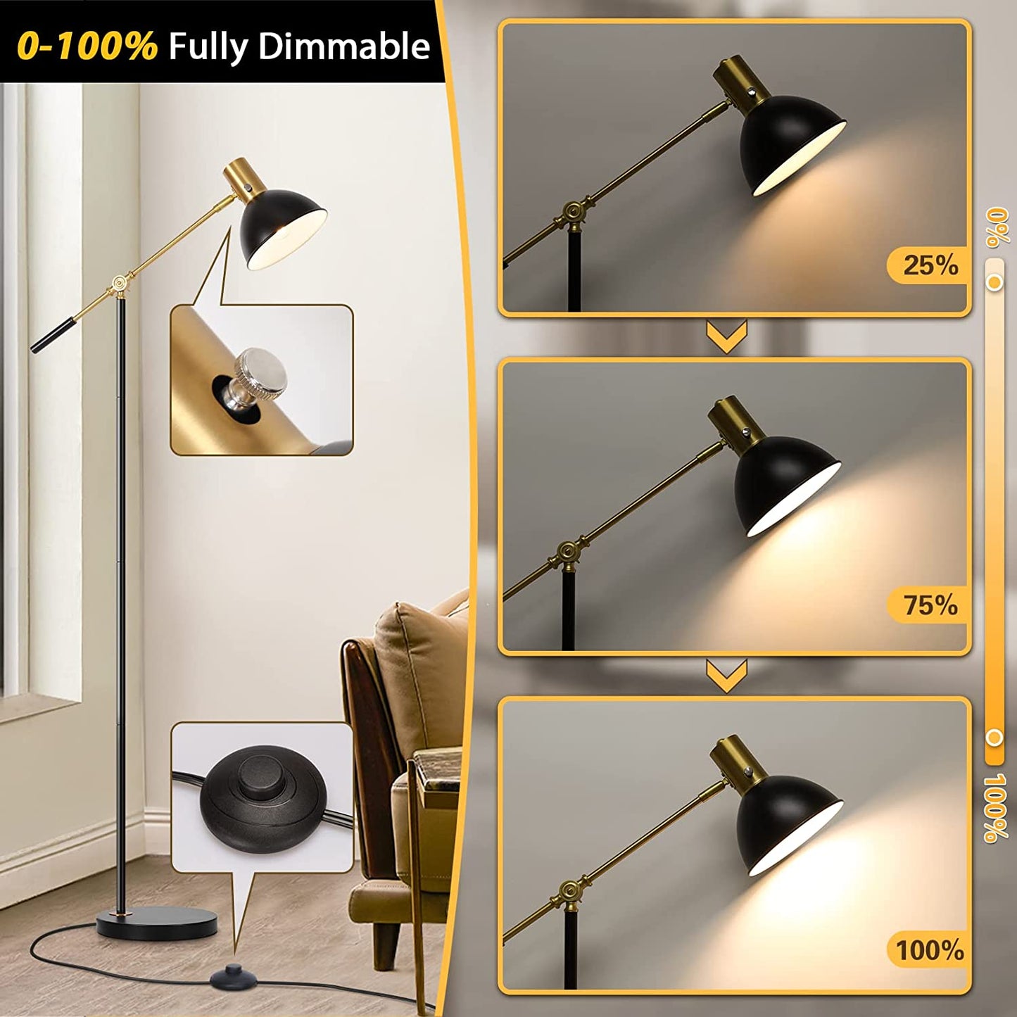 Industrial Floor Lamp Fully Dimmable LED Task Floor Lamp with Adjustable Arm, Modern Standing Lamp Tall Pole Lamp with Flexible Lamp Head for Reading Sewing Studying, A19 LED Bulb Included