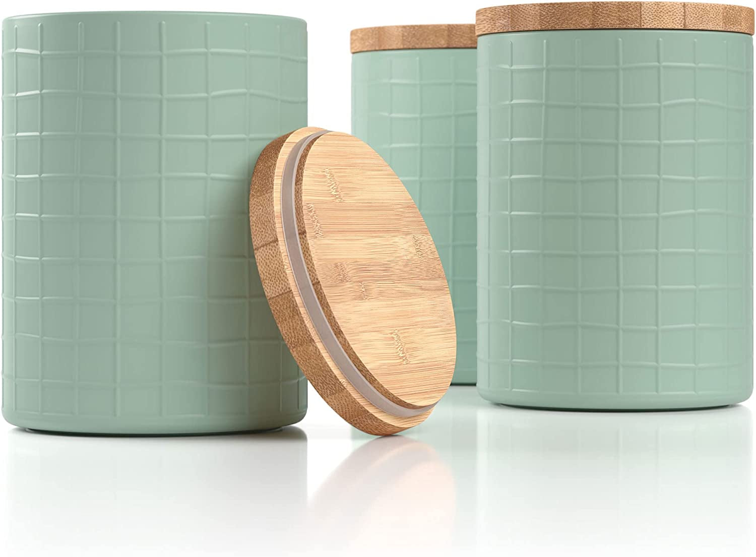 Kitchen Canisters with Bamboo Lids, Airtight Metal Canister Set, Coffee, Sugar, Tea, Flour Storage Containers, Farmhouse Kitchen Decor, Mint, 5.25” X 6.75”, Set of 3