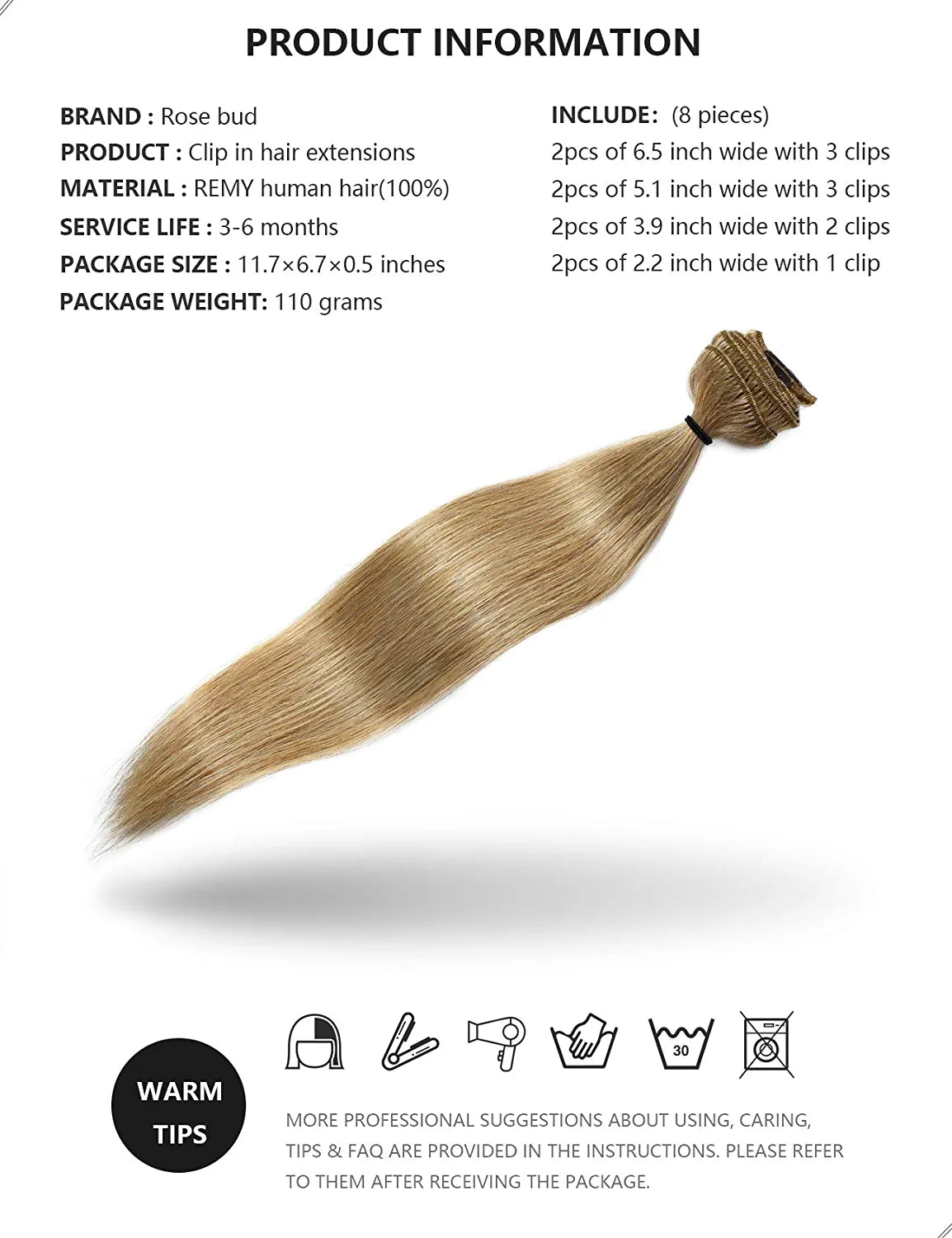ROSEBUD Clip in Hair Extensions REMY Human Hair 8Pcs 18 Clips 65G/Set 14 Inch