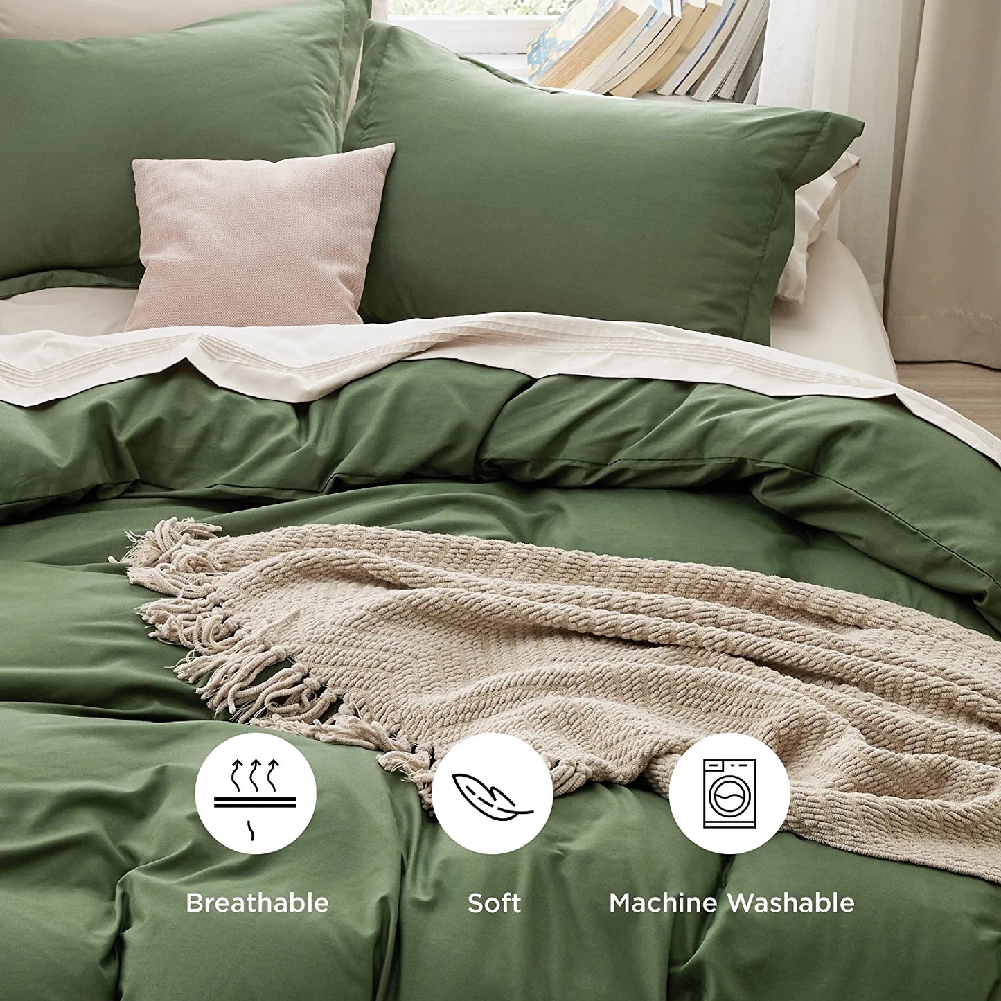 BEDSURE Olive Green Duvet Covers Queen Size - Soft Brushed Microfiber 3 Pieces with Zipper Closure, 1 Duvet Cover 90X90 Inches and 2 Pillow Shams(No Comforter)