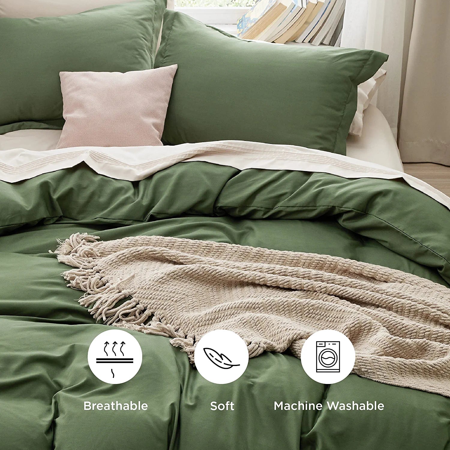 BEDSURE Olive Green Duvet Covers Queen Size - Soft Brushed Microfiber 3 Pieces with Zipper Closure, 1 Duvet Cover 90X90 Inches and 2 Pillow Shams(No Comforter)