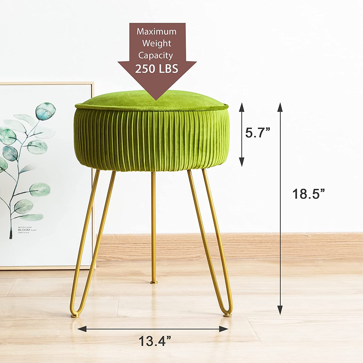Mid Century Modern Velvet Upholstered Pleated round Footrest Stool Ottoman with Metal Legs, Home Multifunctional Luxury Ottoman Suitable for Living Room and Bedroom